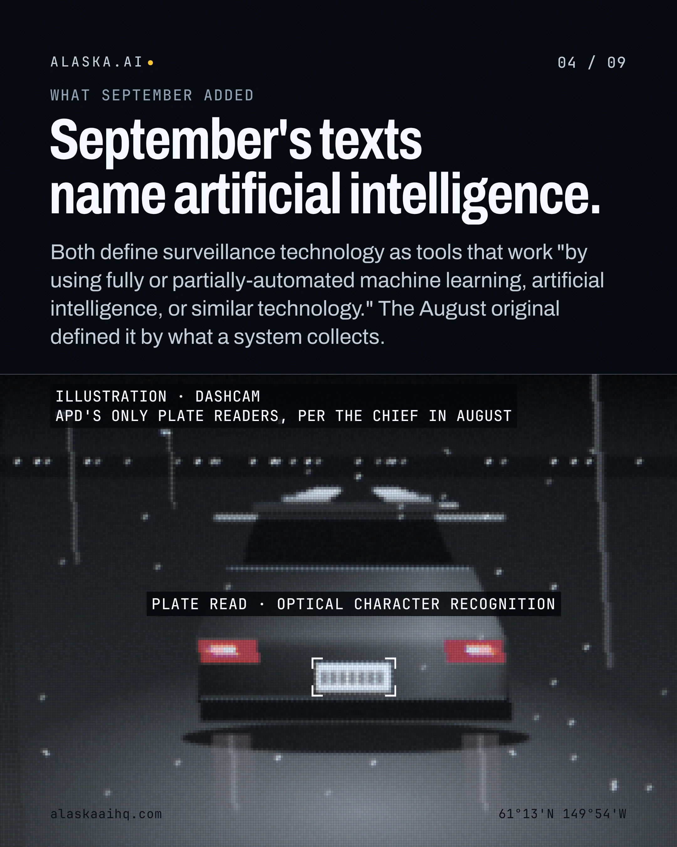 September's texts name artificial intelligence. Both define surveillance technology as tools that work "by using fully or partially-automated machine learning