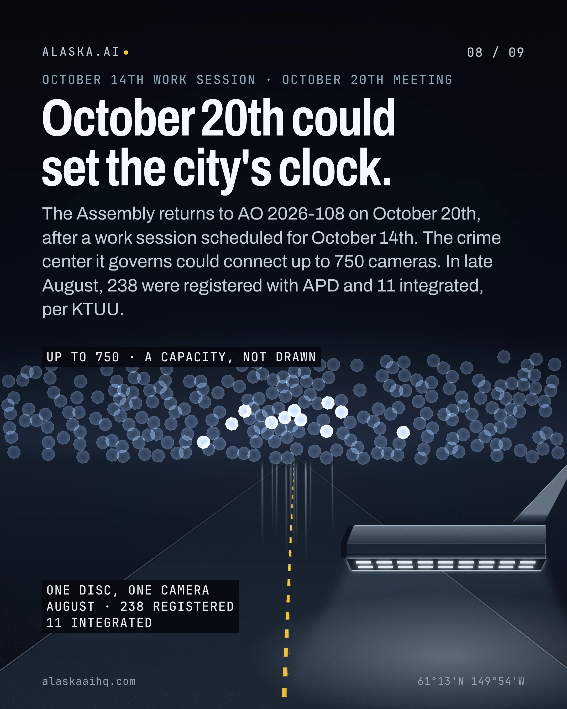 October 20th could set the city's clock. The Assembly returns to AO 2026-108 on October 20th, after a work session scheduled for October 14th.