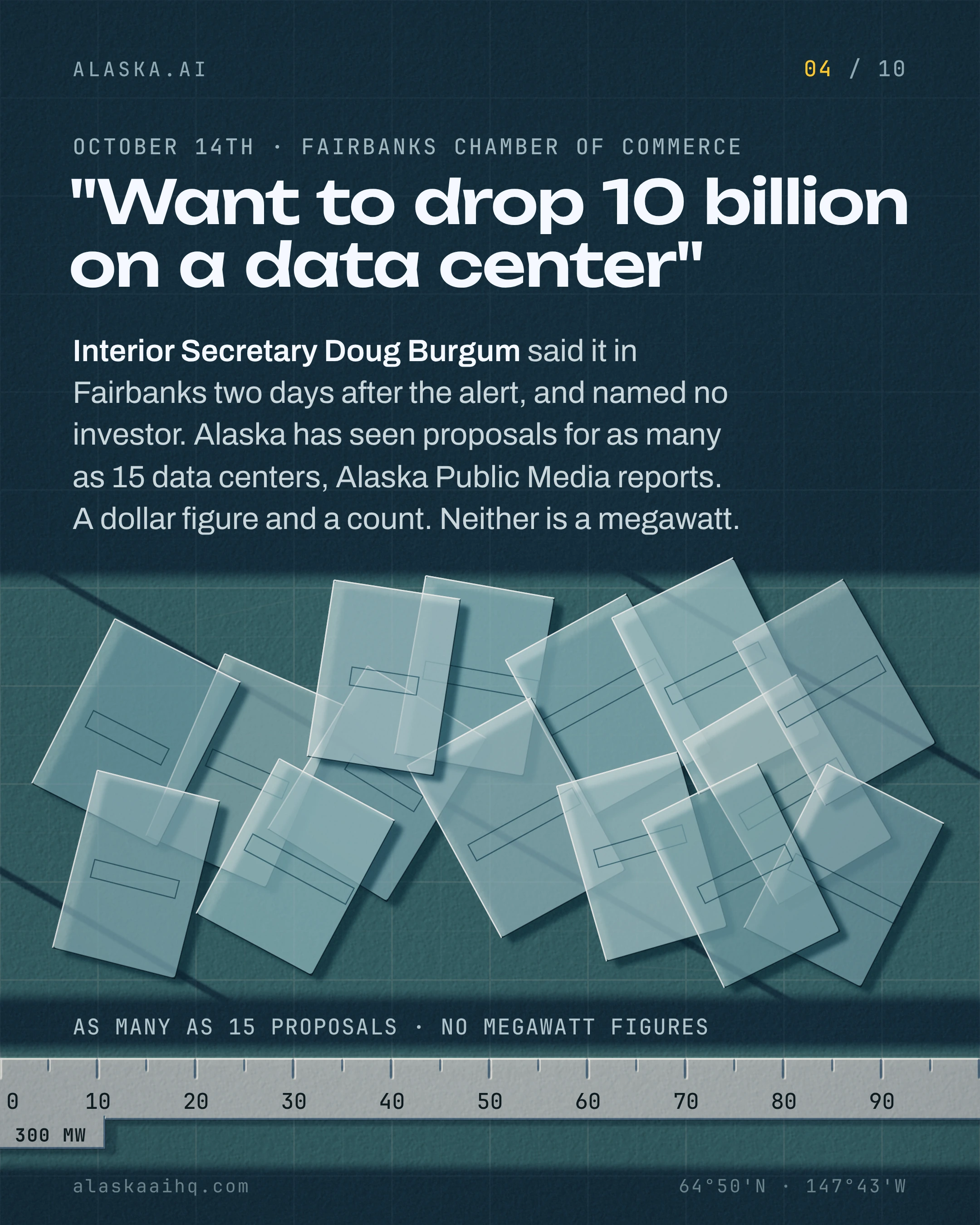 "Want to drop 10 billion on a data center". Interior Secretary Doug Burgum said it in Fairbanks two days after the alert, and named no investor.