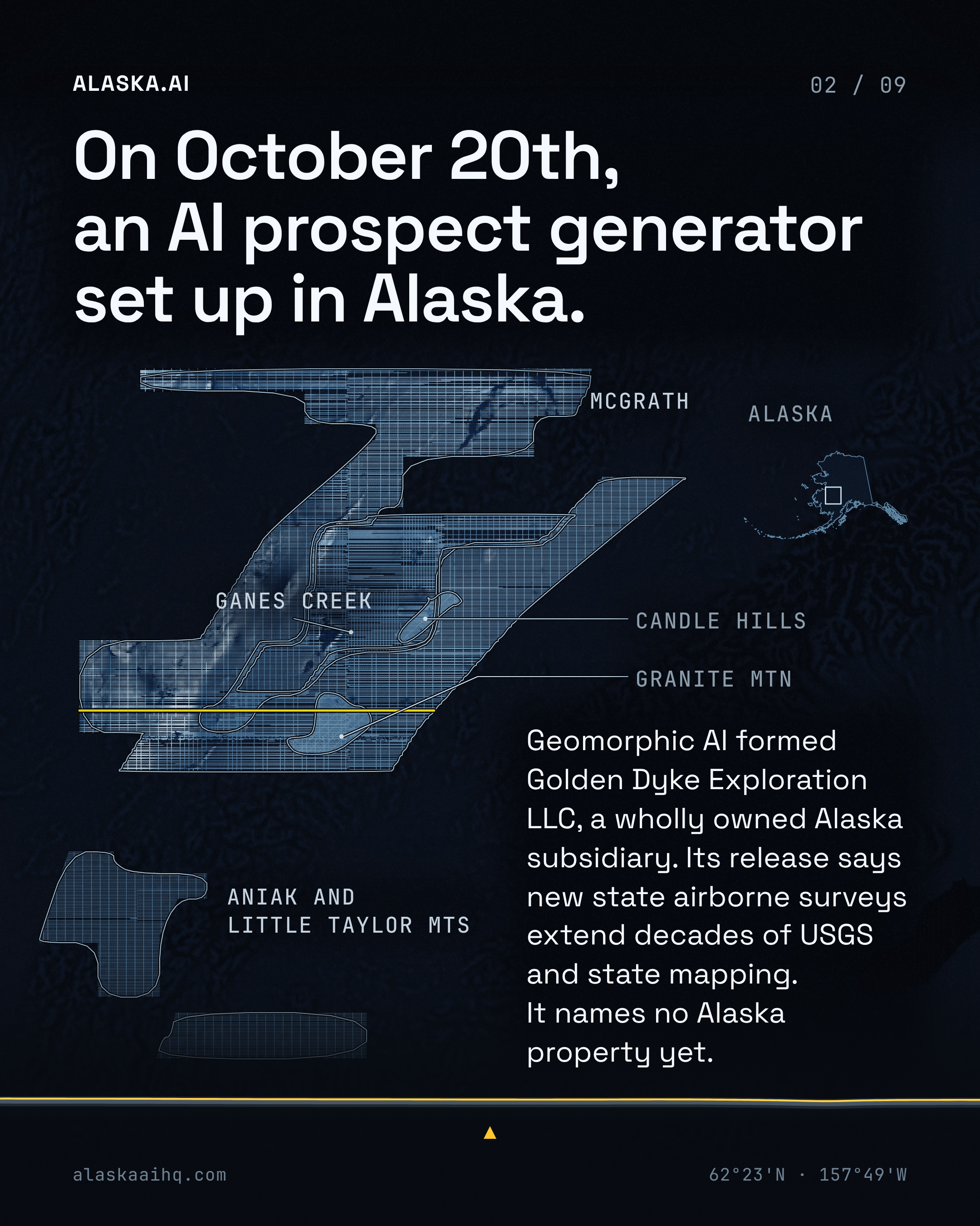 On October 20th, an AI prospect generator set up in Alaska. Geomorphic AI formed Golden Dyke Exploration LLC, a wholly owned Alaska subsidiary.