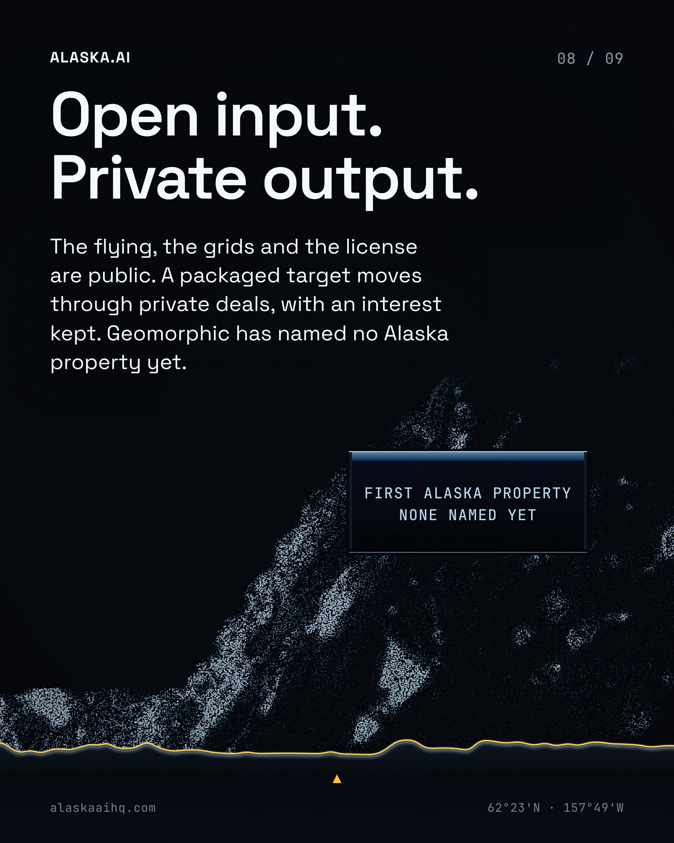 Open input. Private output. The flying, the grids and the license are public. A packaged target moves through private deals, with an interest kept.