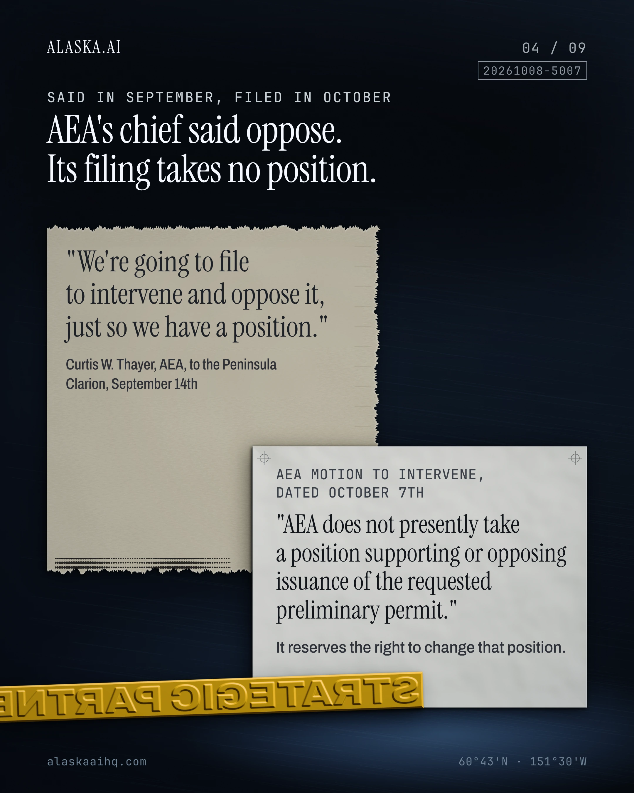 AEA's chief said oppose. Its filing takes no position. "We're going to file to intervene and oppose it, just so we have a position." Curtis W. Thayer, AEA