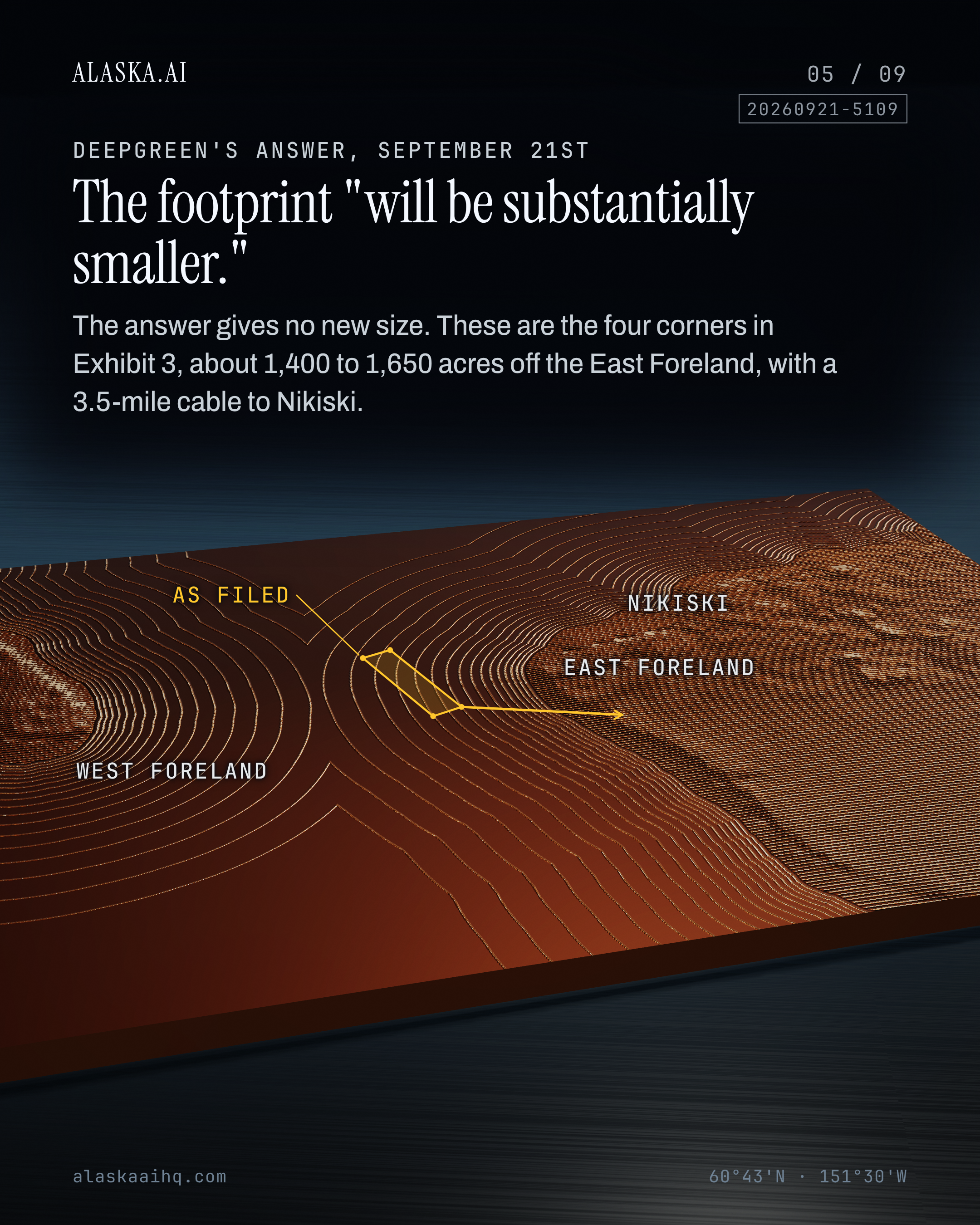 The footprint "will be substantially smaller.". The answer gives no new size. These are the four corners in Exhibit 3, about 1,400 to 1,650 acres off the East