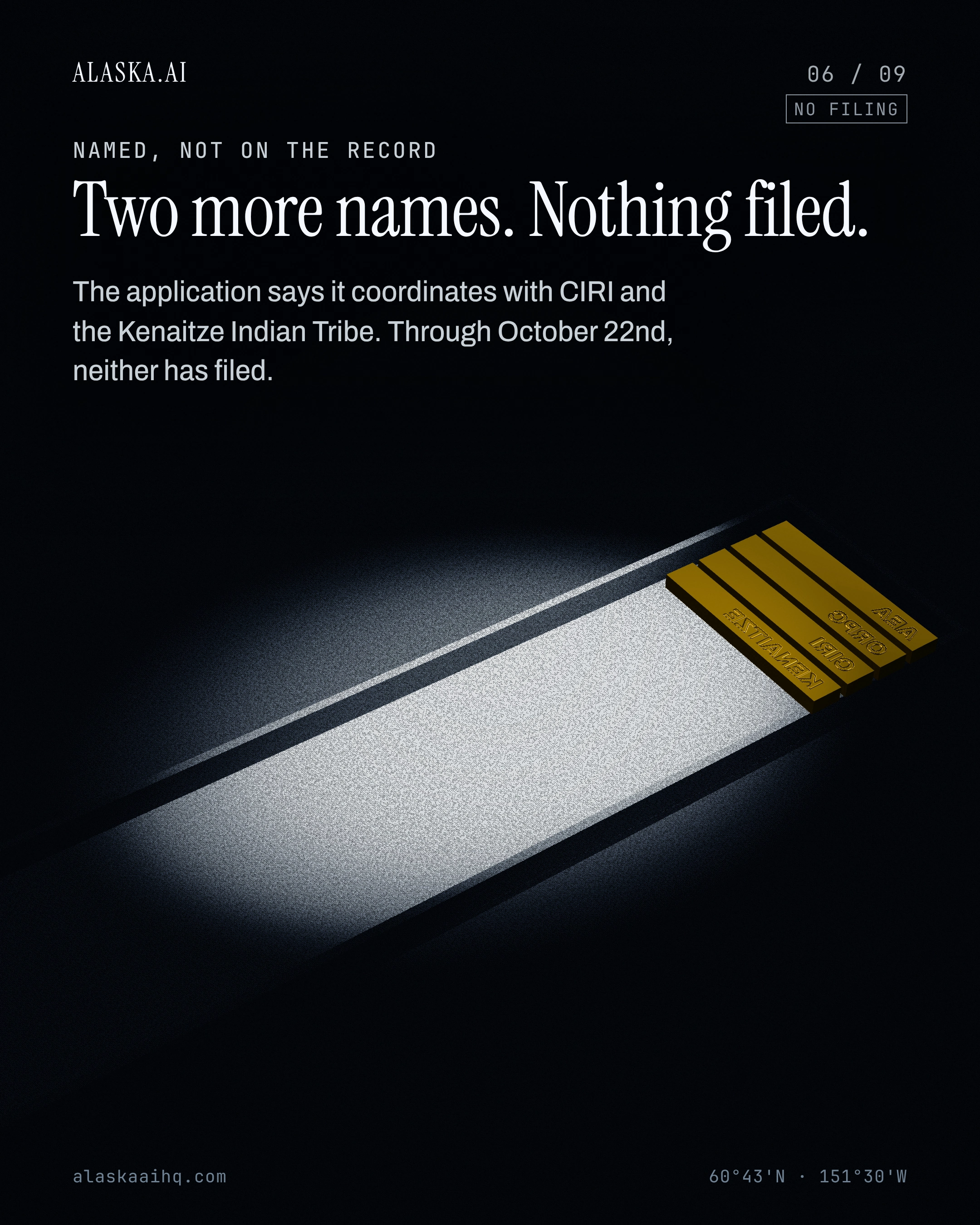 Two more names. Nothing filed. The application says it coordinates with CIRI and the Kenaitze Indian Tribe. Through October 22nd, neither has filed