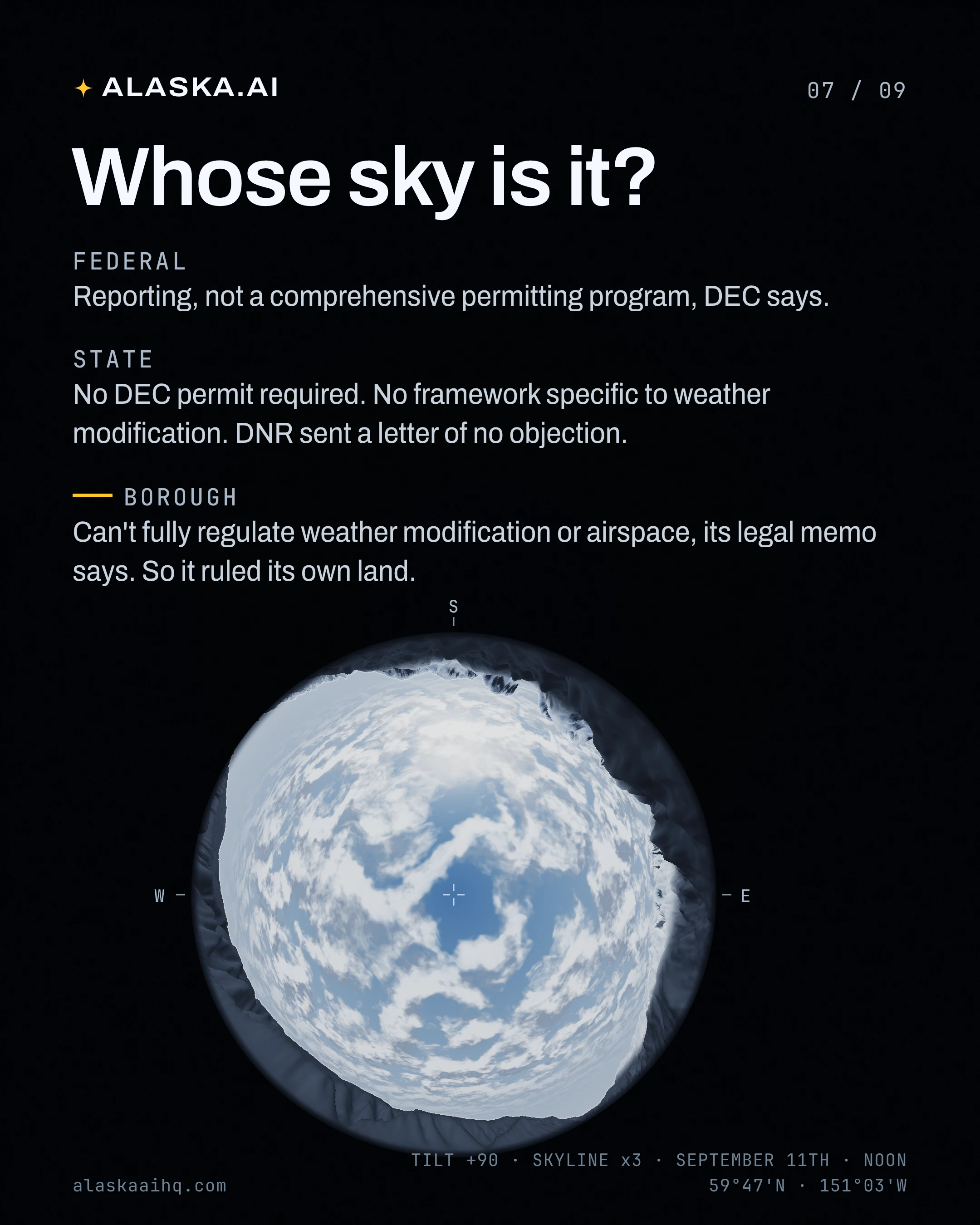 Whose sky is it?. Reporting, not a comprehensive permitting program, DEC says. No DEC permit required. No framework specific to weather modification.