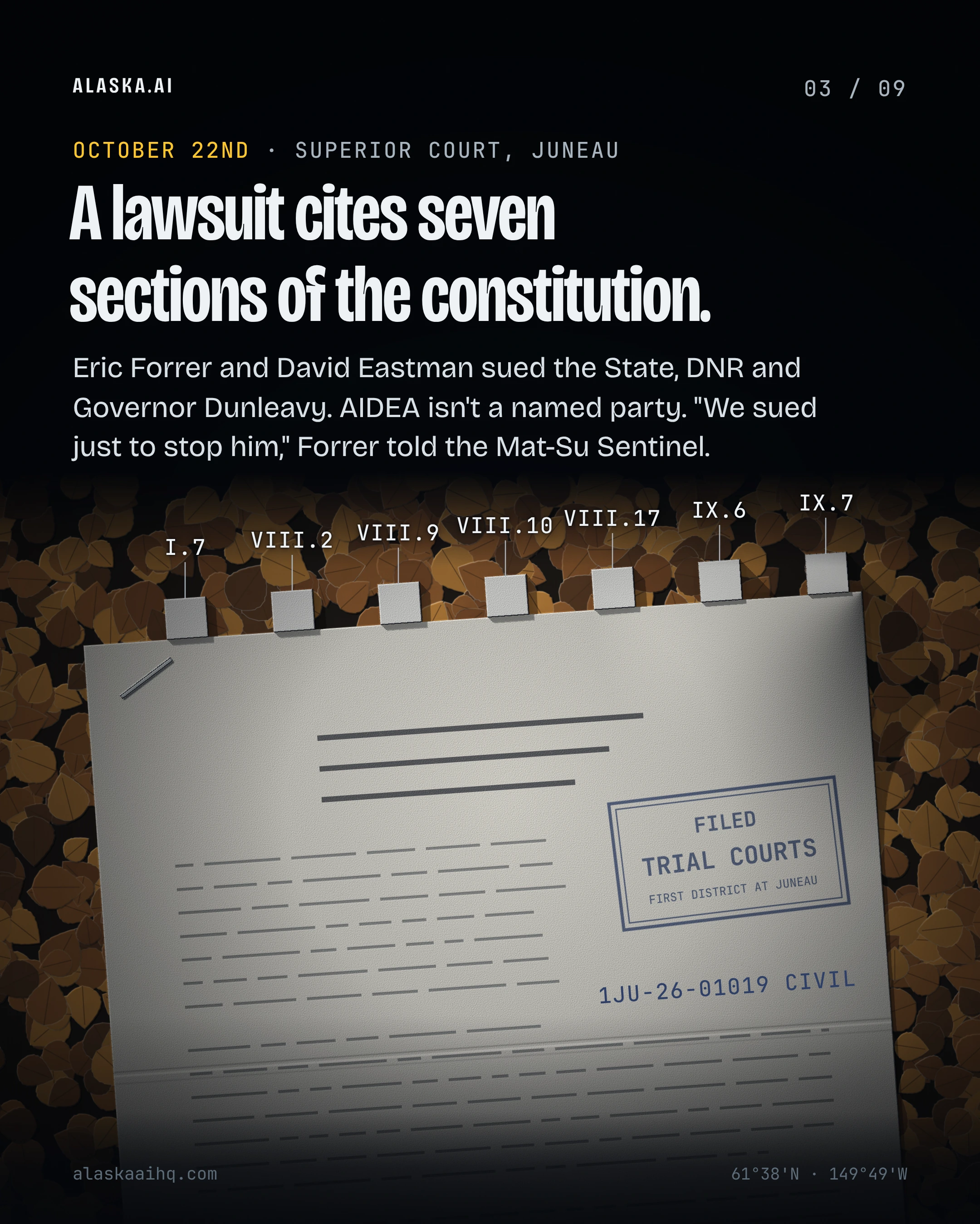 A lawsuit cites seven sections of the constitution. Eric Forrer and David Eastman sued the State, DNR and Governor Dunleavy. AIDEA isn't a named party.