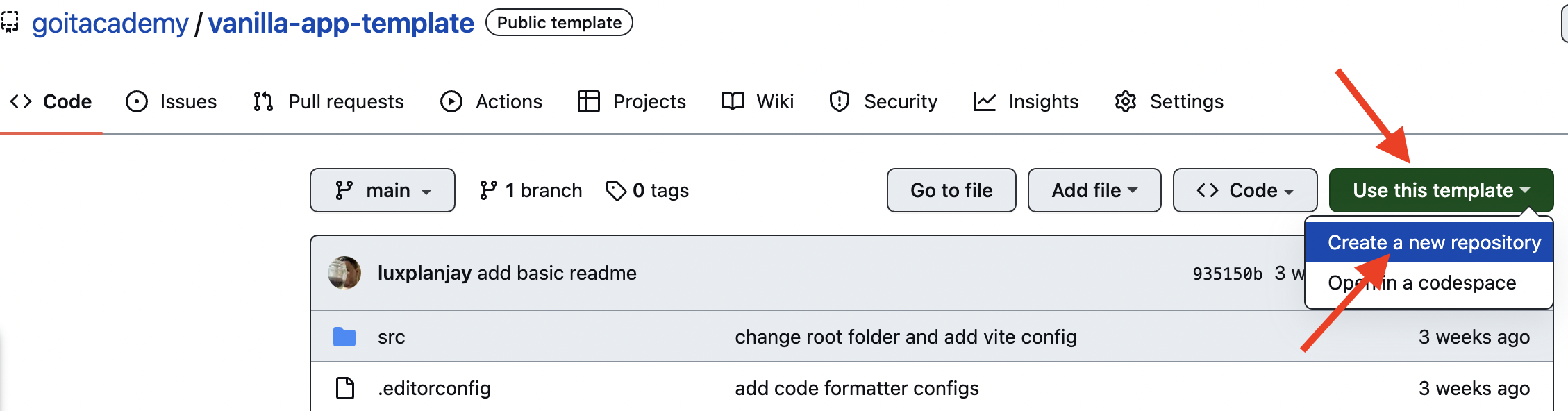 Creating repo from a template step 1