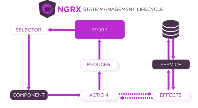 NgRx lifecycle: component dispatches an action, the reducer updates the store,
selectors feed the store back to the component; effects handle async work by
calling a service and dispatching a new action