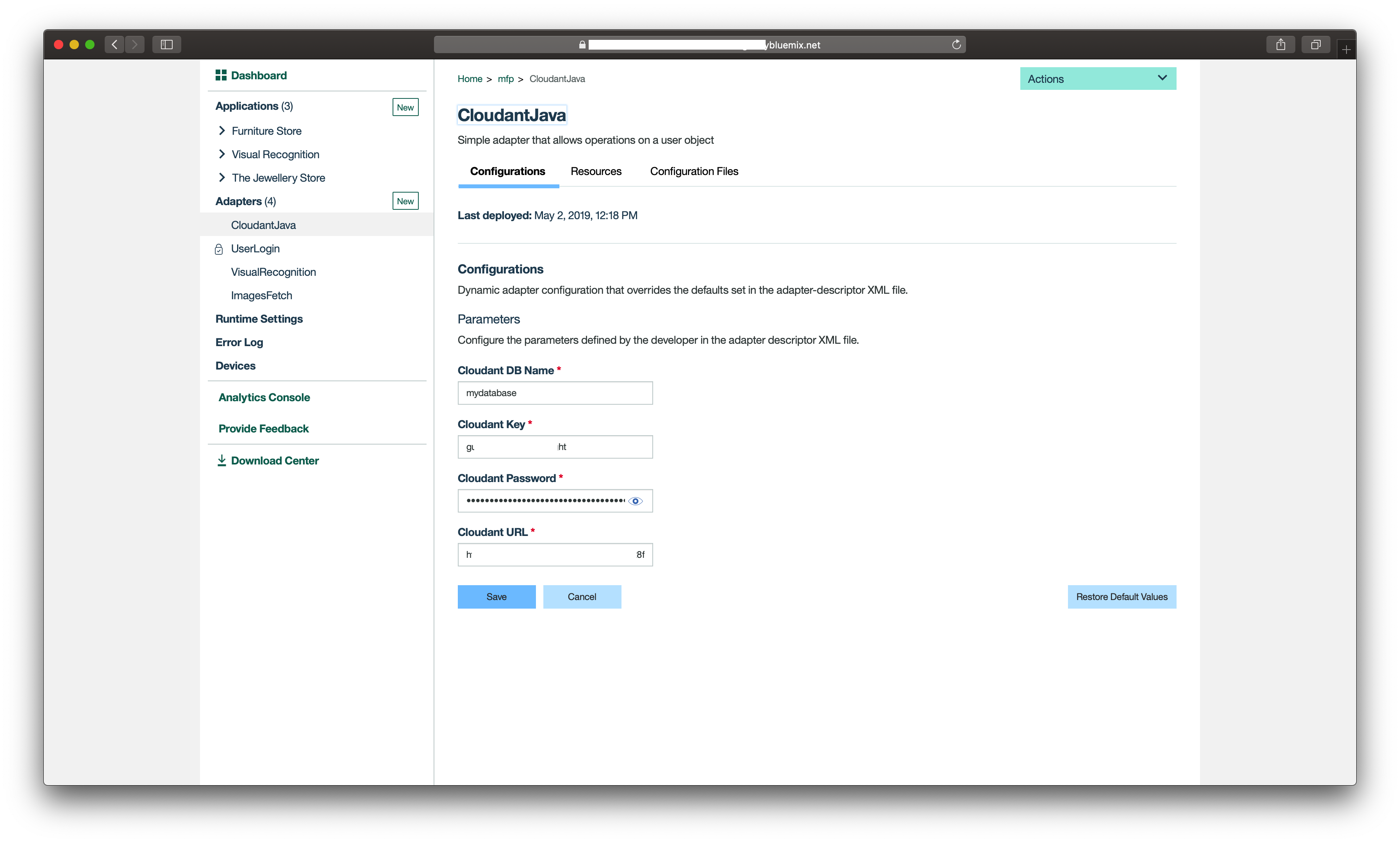 Option to specify the configuration properties for accessing Cloud Object Storage and APIs in deployed MFP Adapter