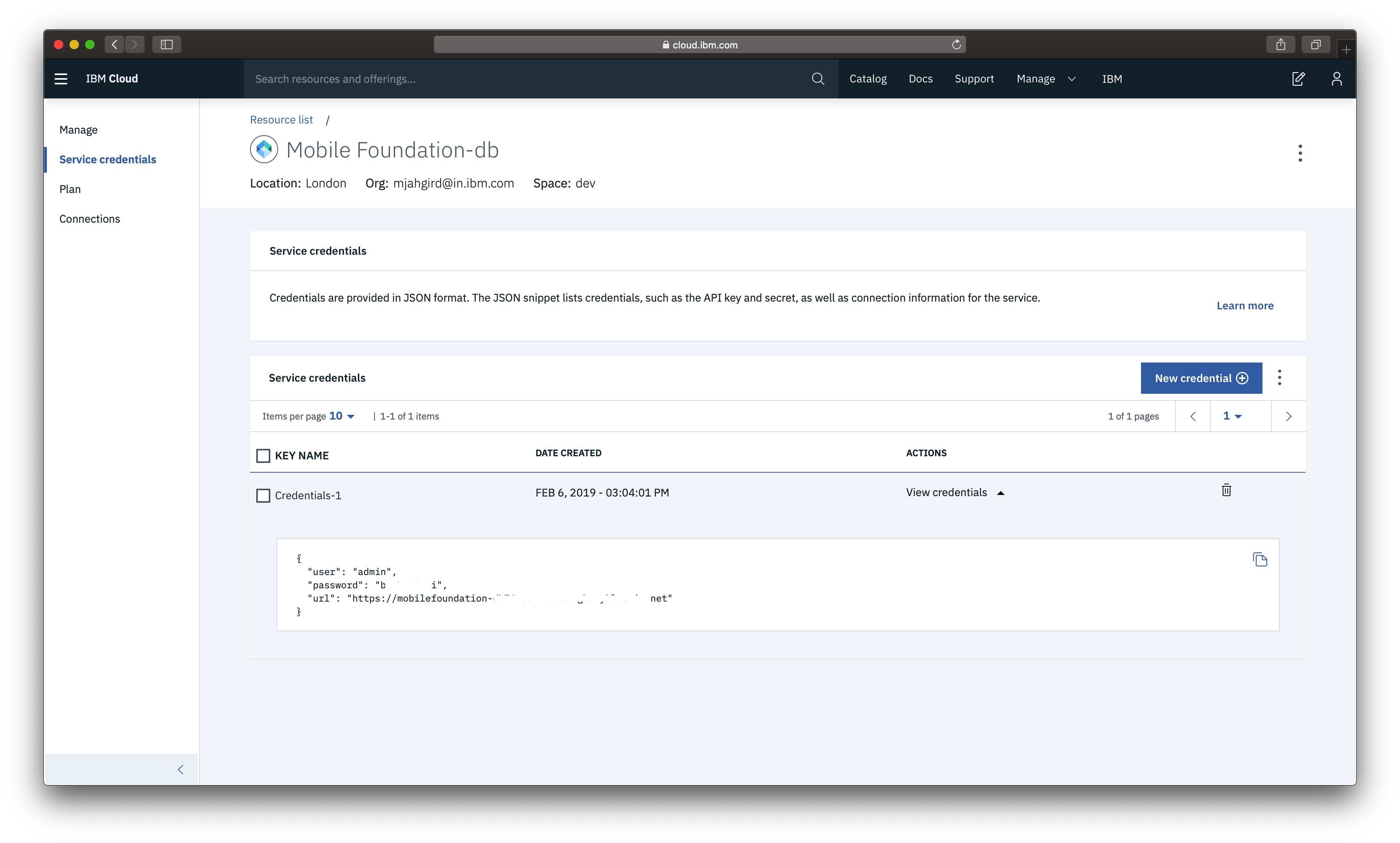 IBM Mobile Foundation service credentials