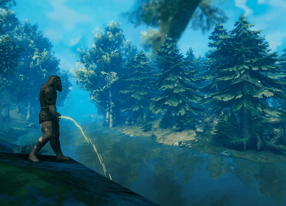 A Viking peeing into a river from a rock