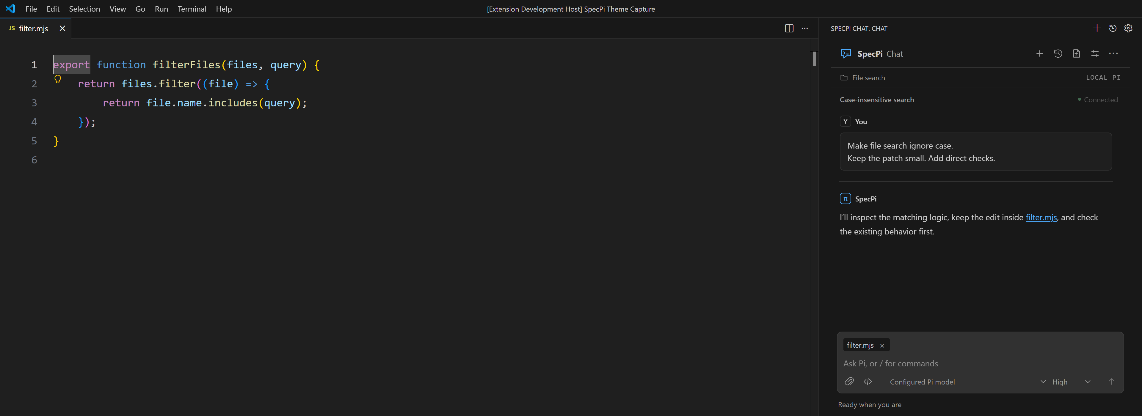 SpecPi Chat open beside a JavaScript file in VS Code