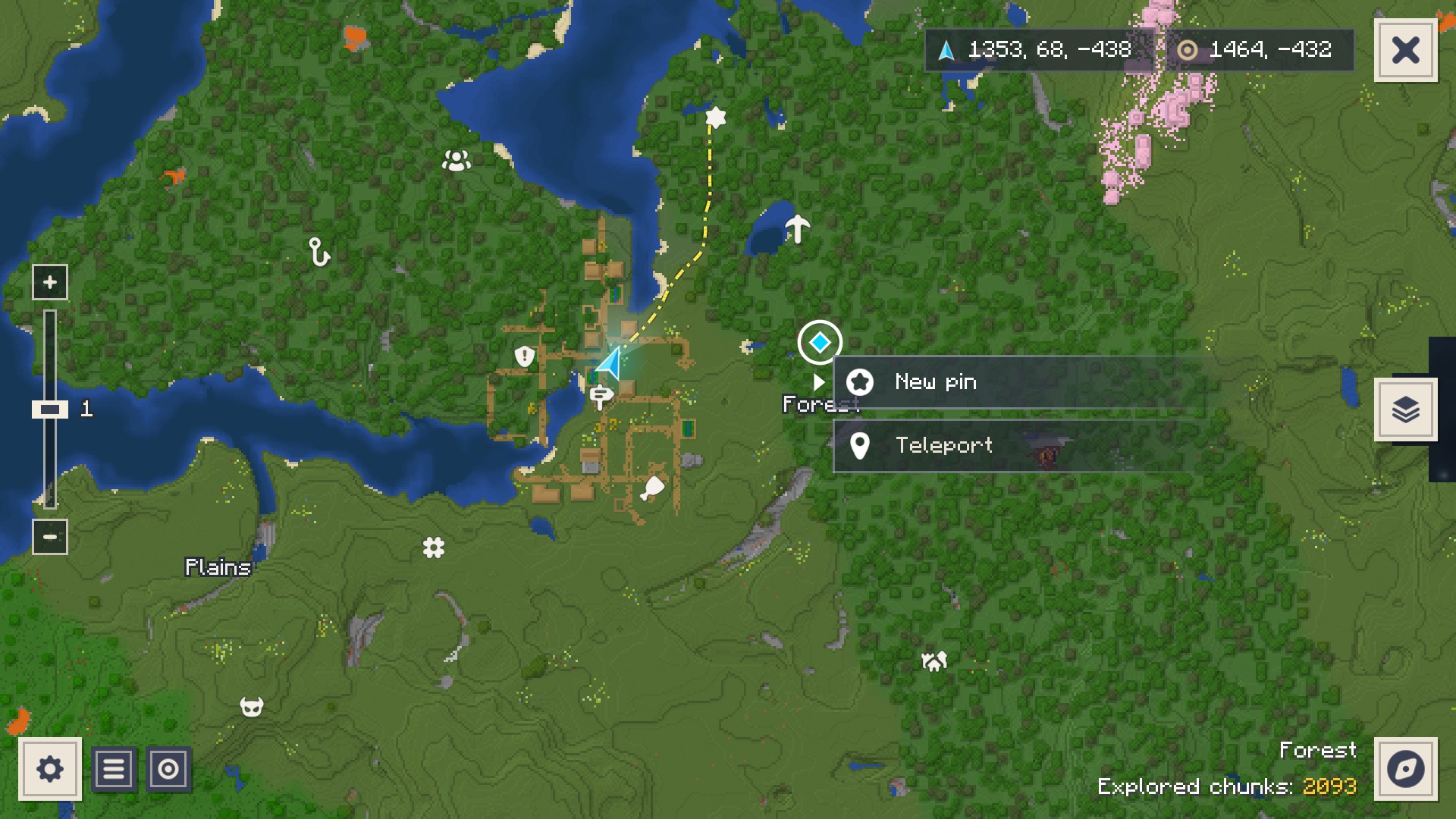 Right-click menu on empty ground: New pin, Teleport