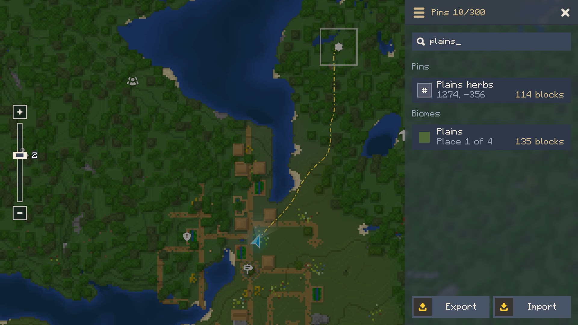 Map search: pins and explored biomes by name