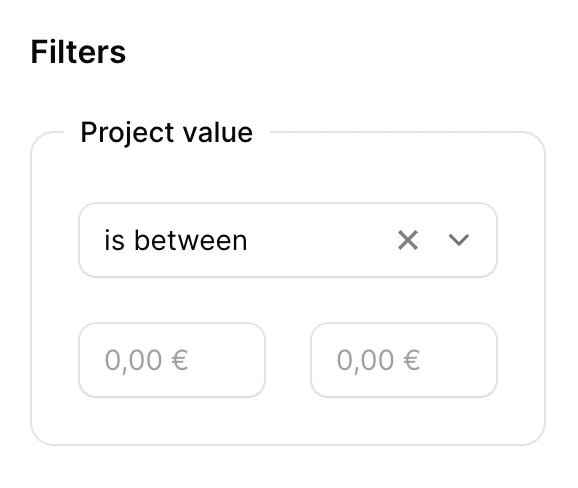 Filament Value Range Filter Between currency in EUR Indicator