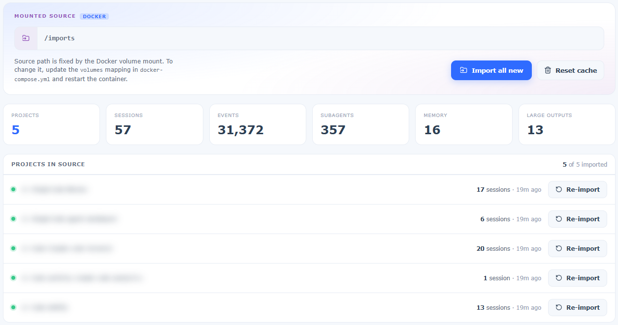 Import page showing mounted source, cache totals, and project import controls