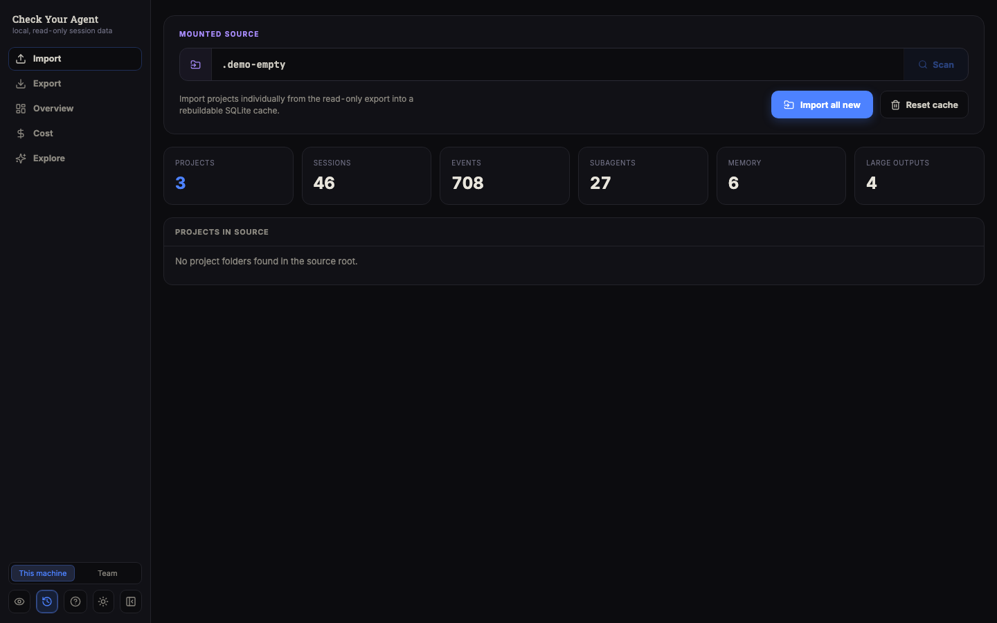 Import page showing mounted source, cache totals, and project import controls