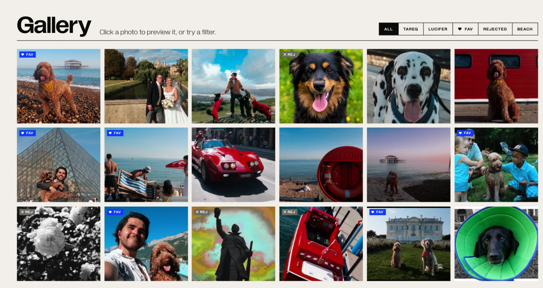 The Chromasmith gallery: a grid of photos with All, Tareq, Lucifer, Fav, Rejected and Beach filters