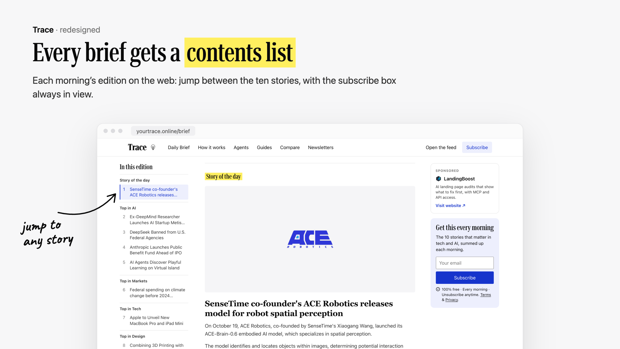 A daily brief on the web, with a contents list to jump between stories