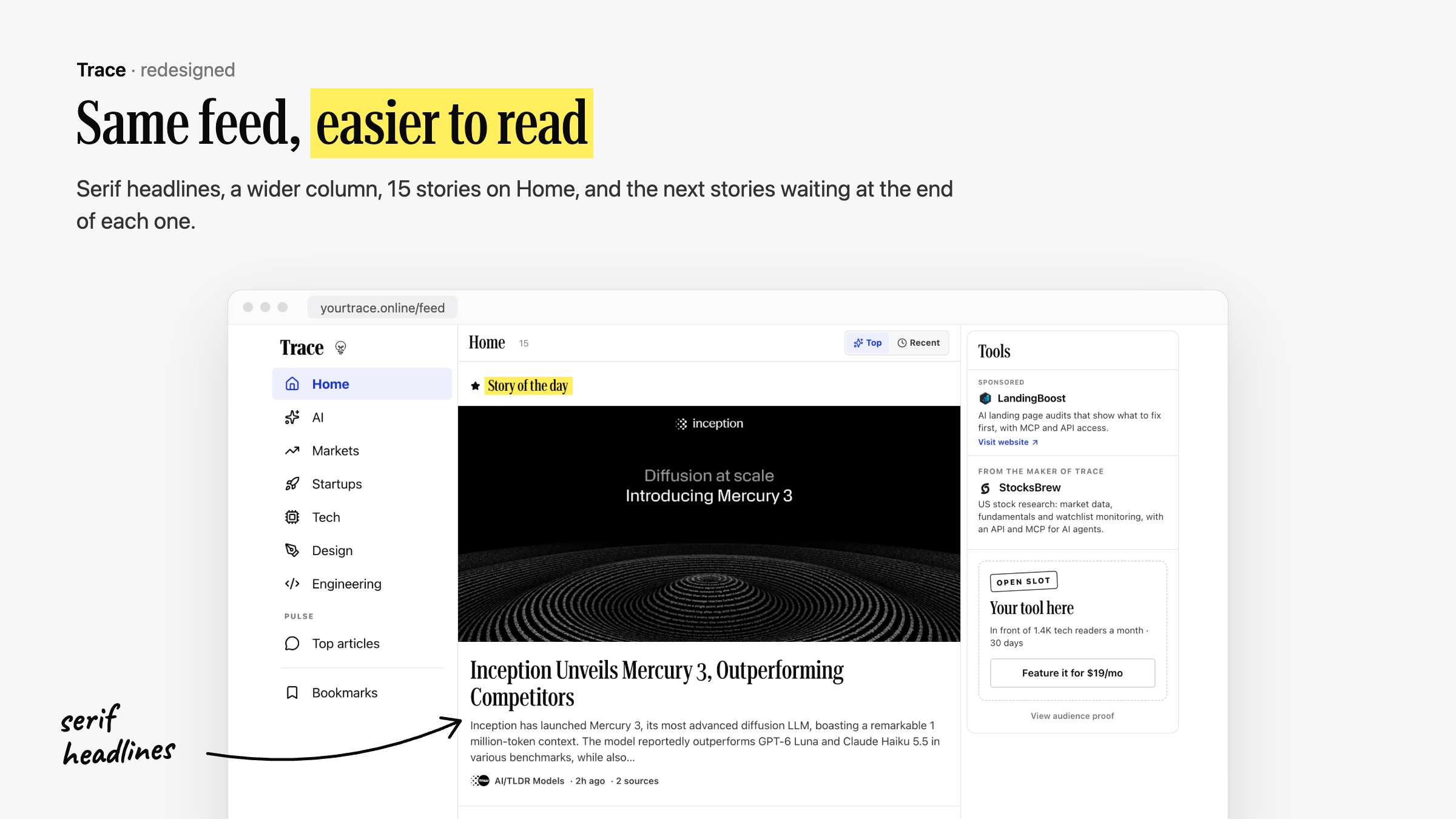 The feed: serif headlines, every source attached, a tools rail