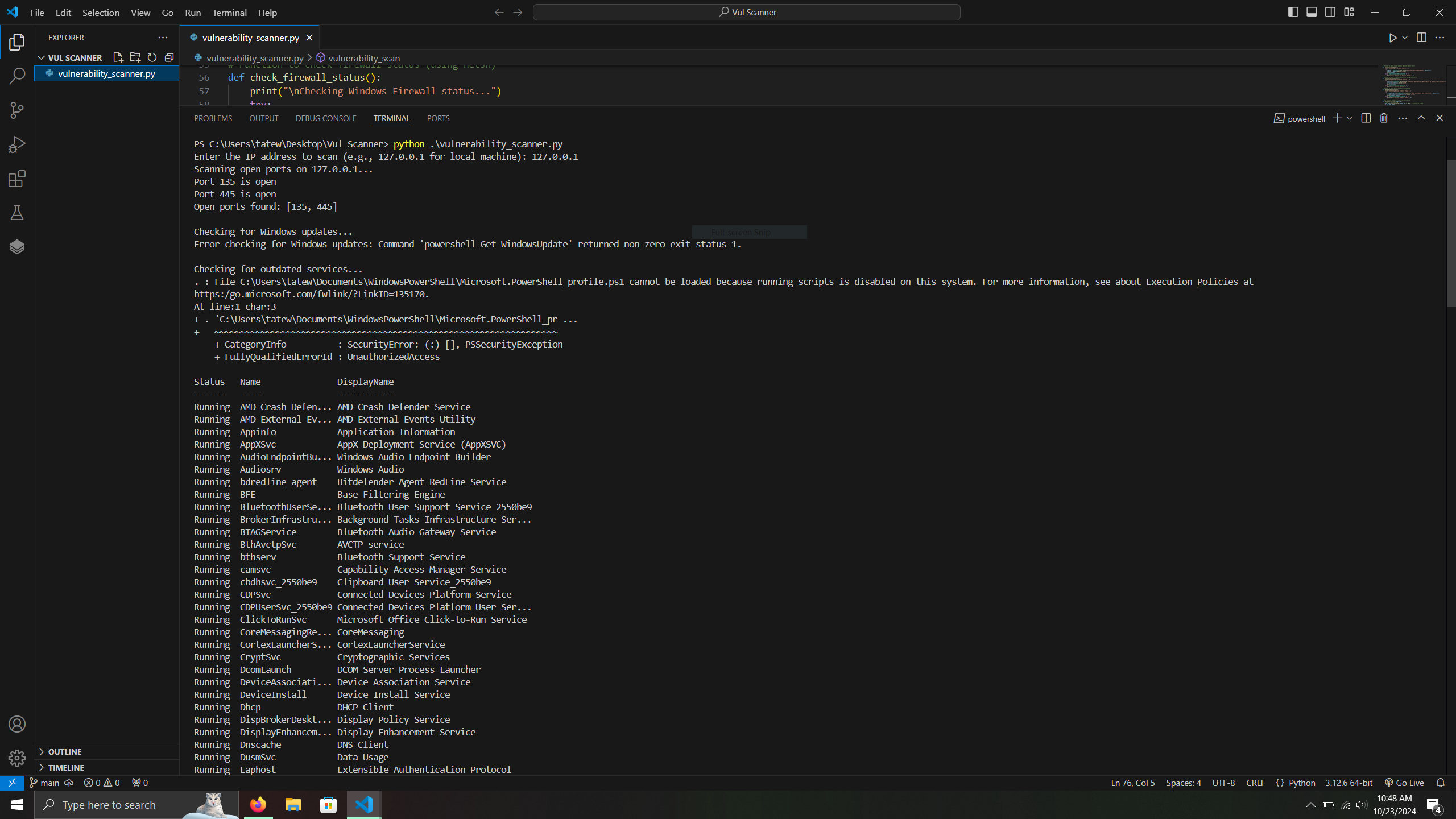Vulnerability scanner port and services output