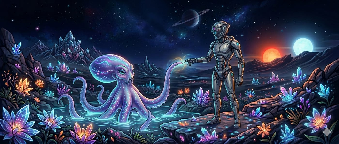 A hexapus reaching out to touch an AI's hand across a tide pool, beneath twin suns and a ringed planet.