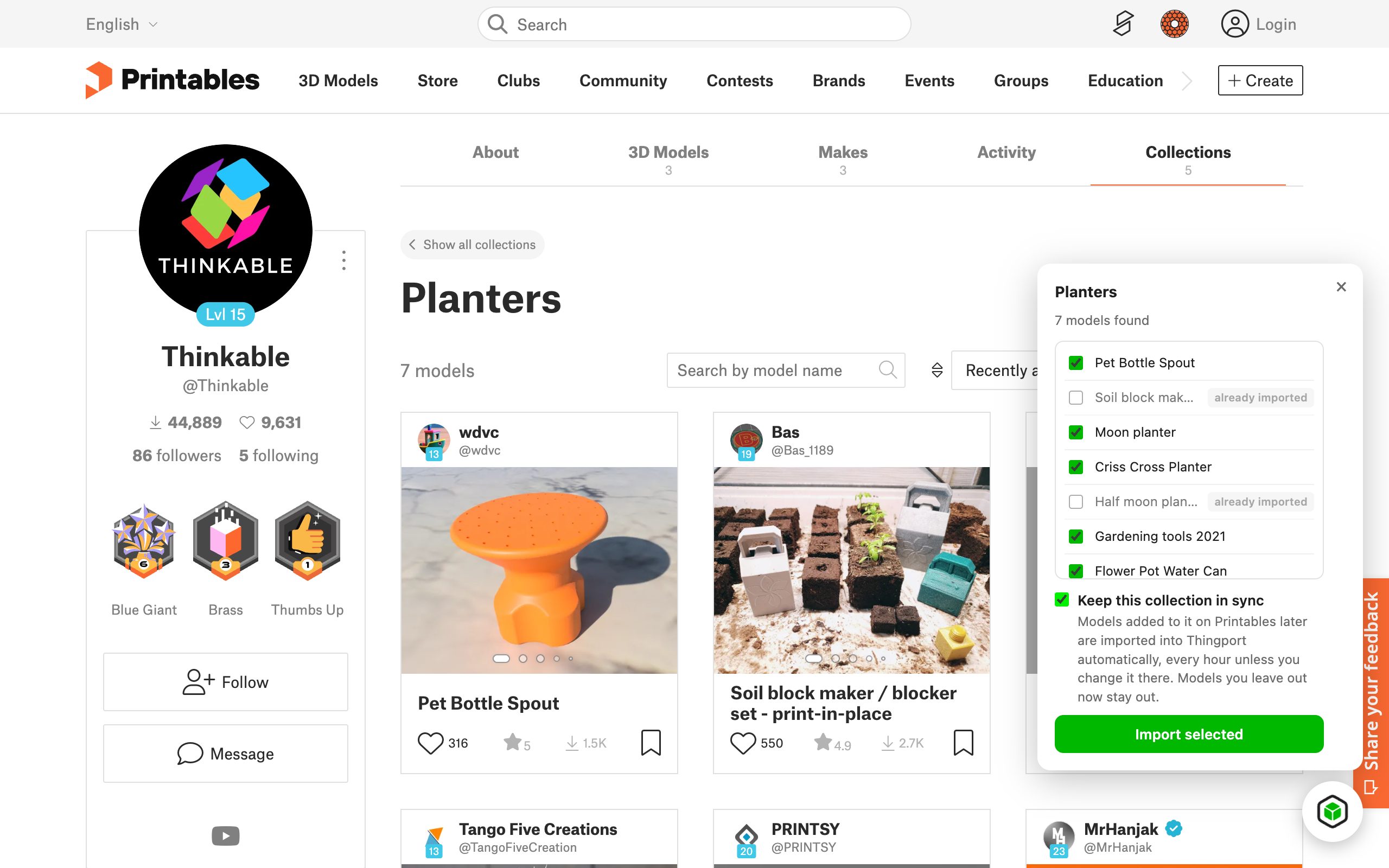 Thingport Grab importing a Printables collection