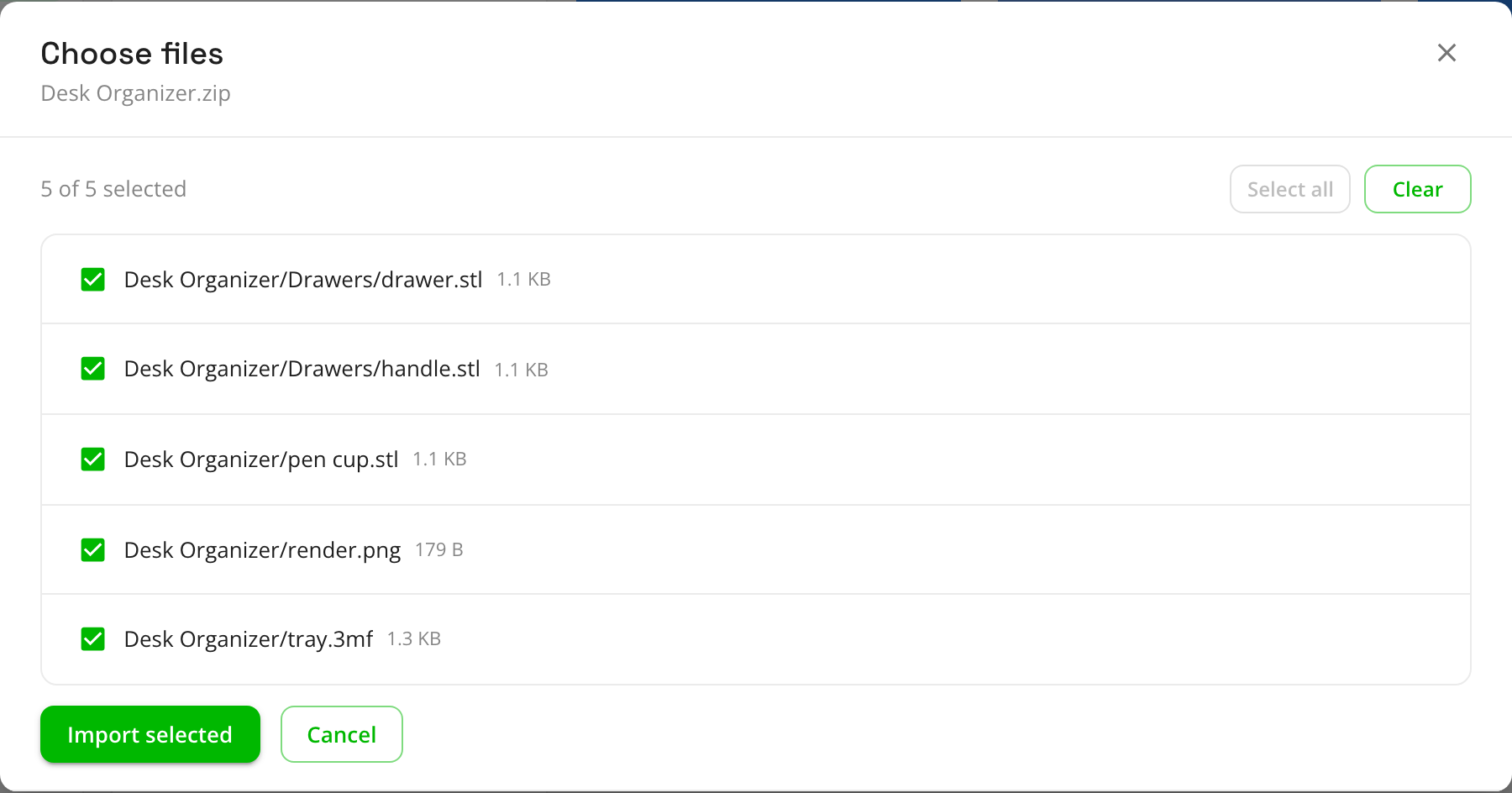 Choosing which files to import from a zip