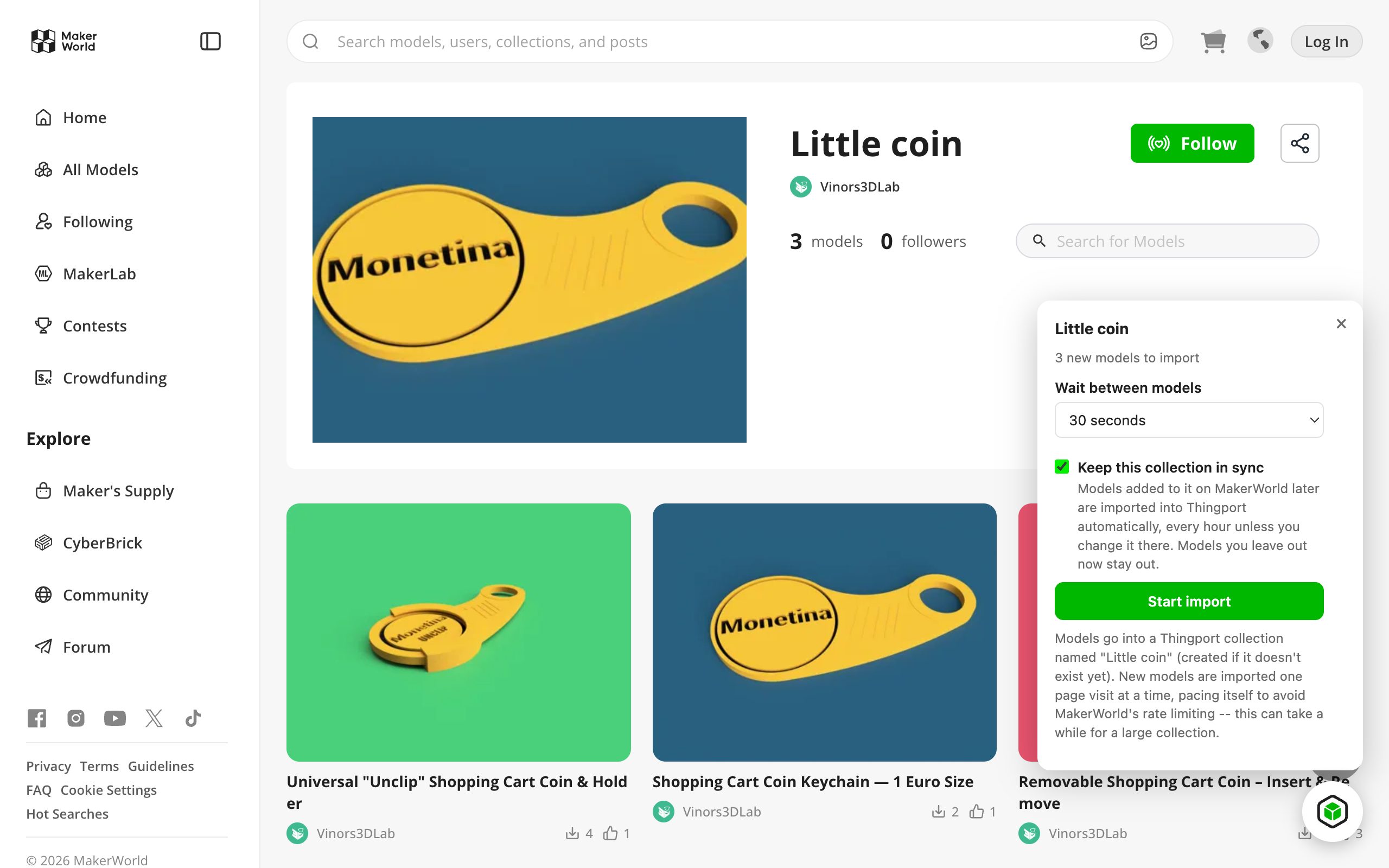 Guided import of a MakerWorld collection, waiting 30 seconds between models