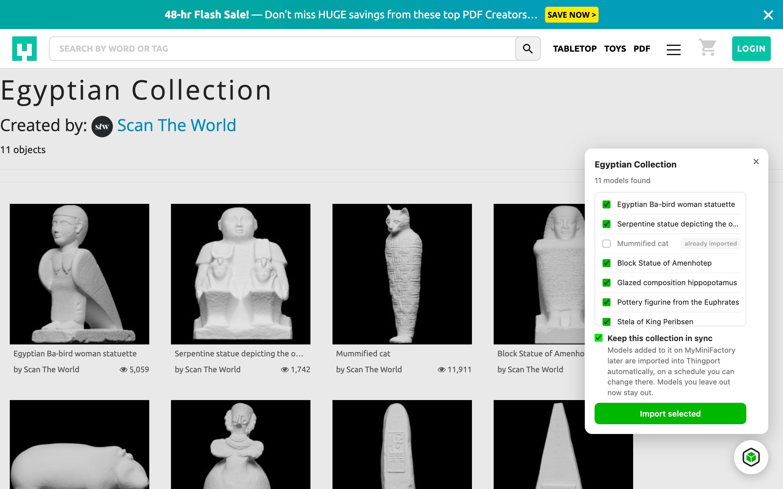 Import panel on a MyMiniFactory collection, with sync ticked