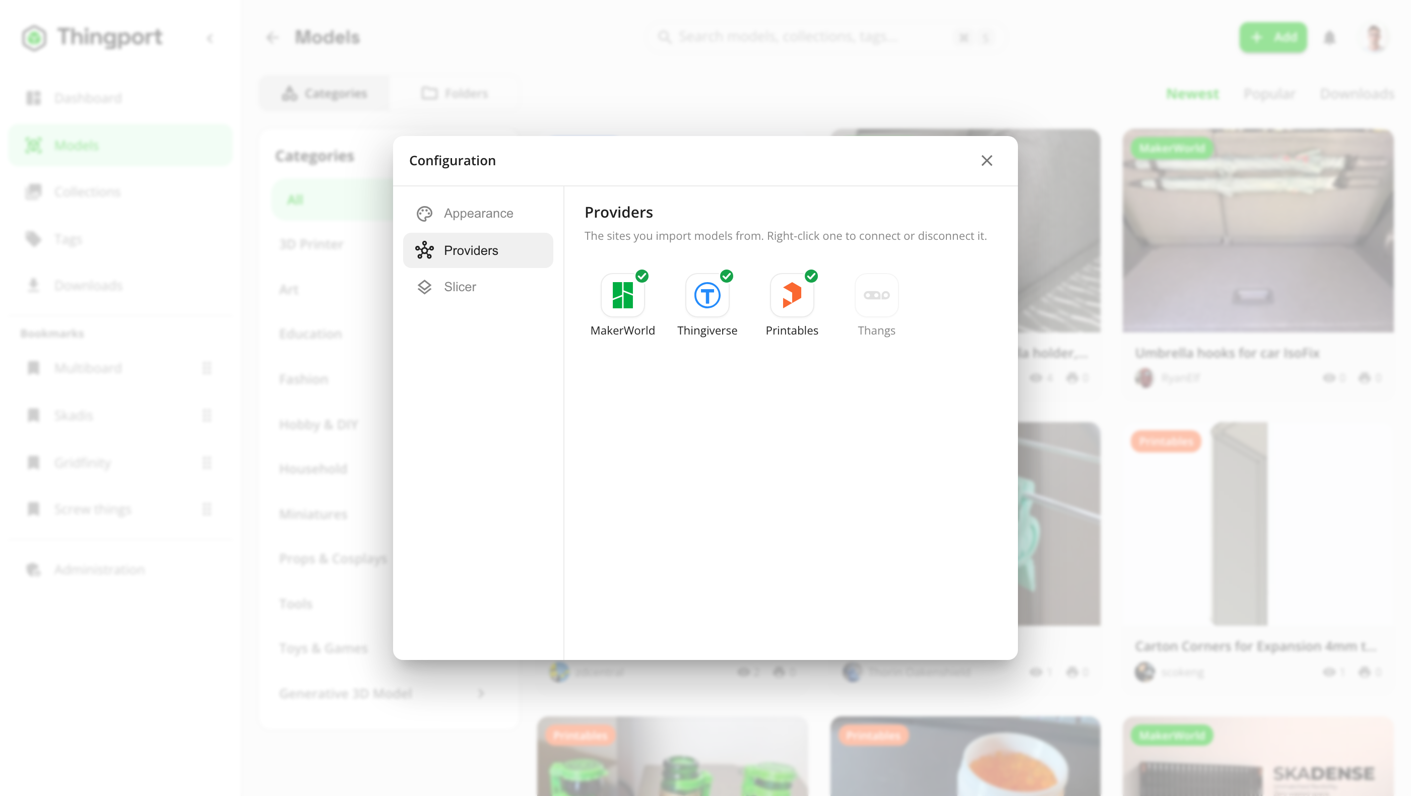 Configuration, Providers section with MakerWorld, Thingiverse, Printables and MyMiniFactory connected