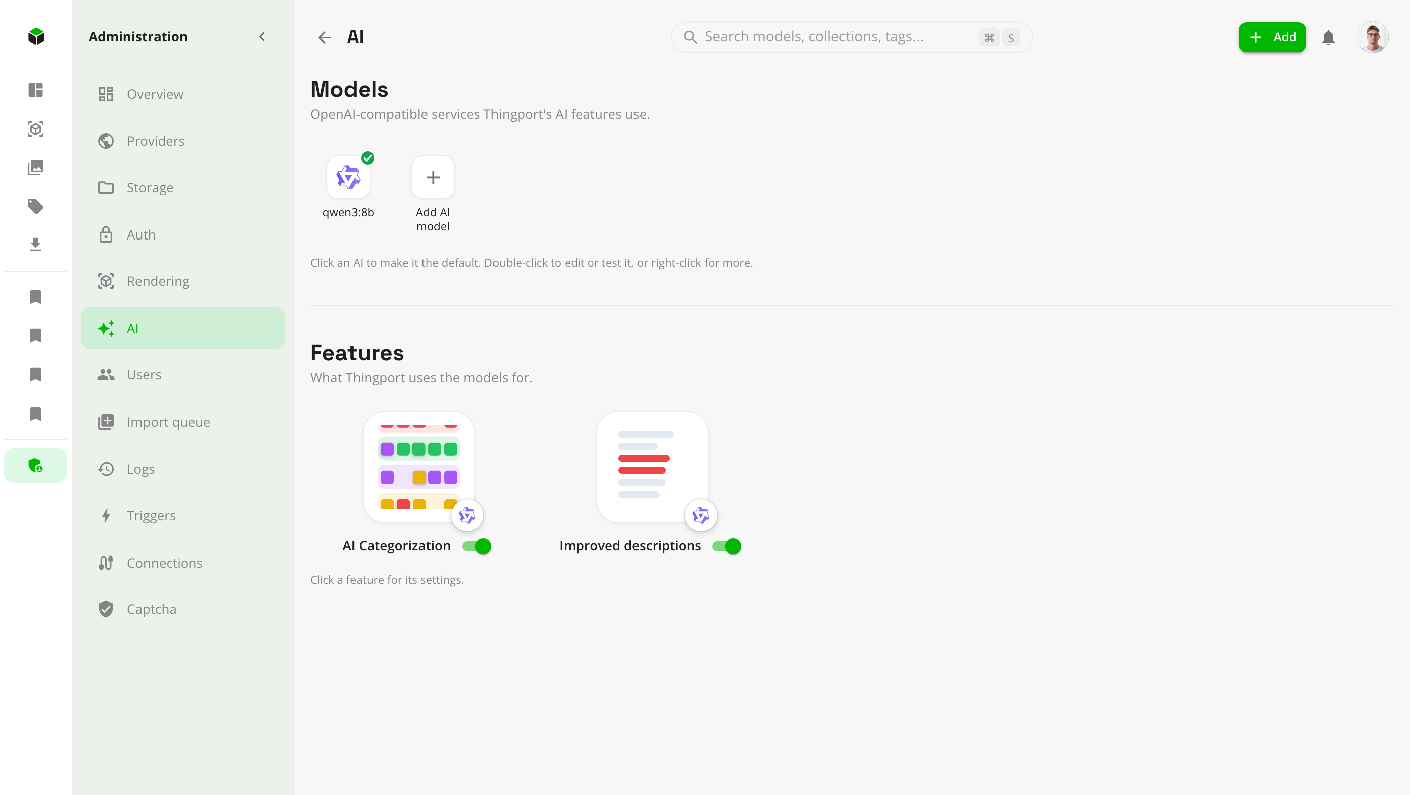 Administration, AI page with two models and both features switched on