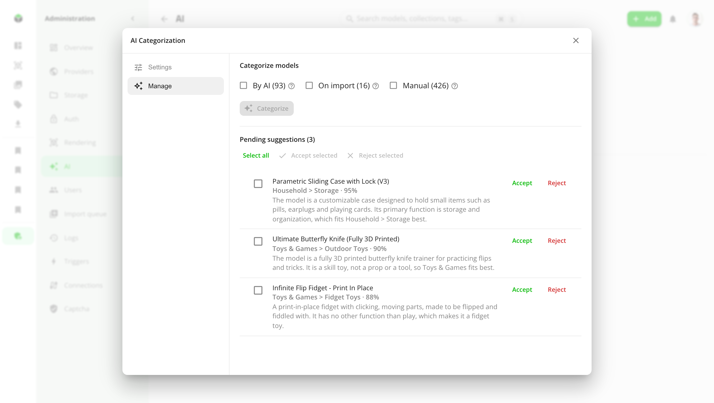 Pending AI category suggestions, ready to accept or reject