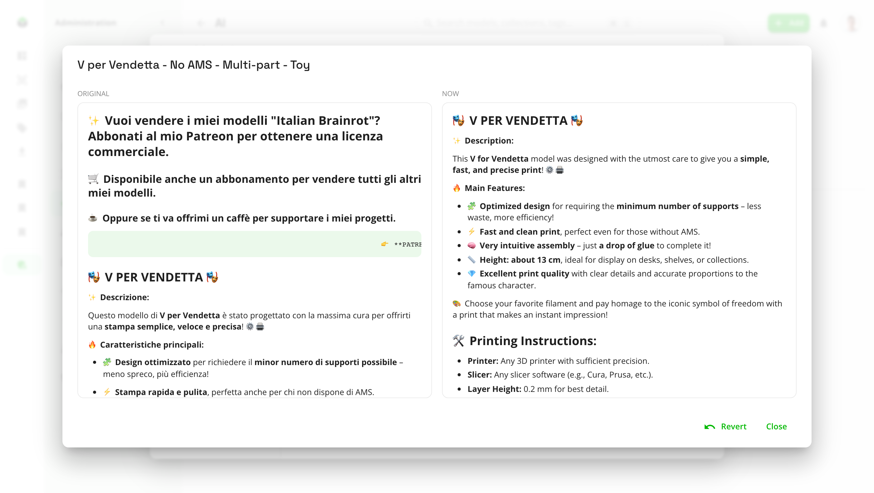 An AI-suggested description shown next to the original