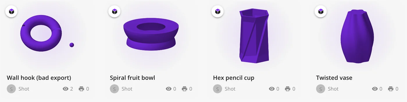 Model cards showing 3D renders tinted with a purple accent