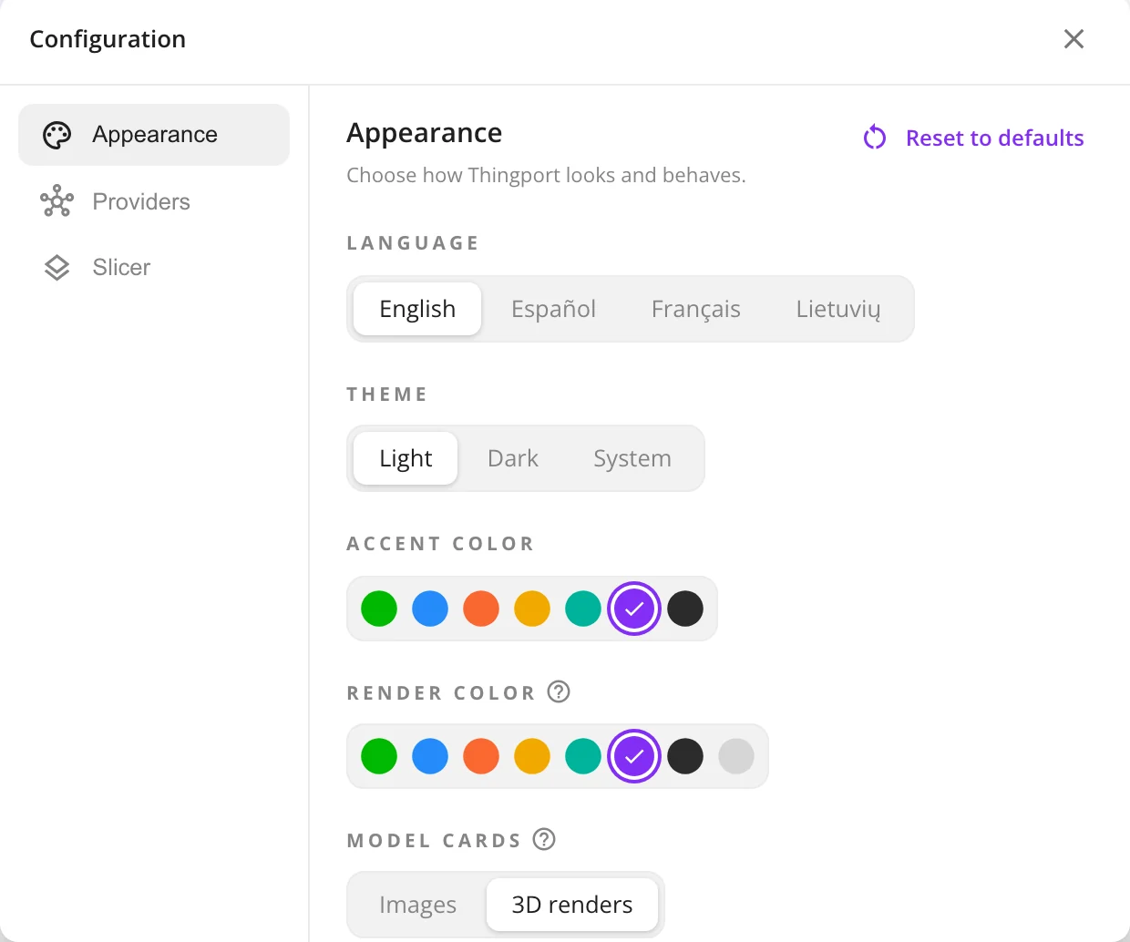 The Appearance settings with accent colour, render colour and model cards
