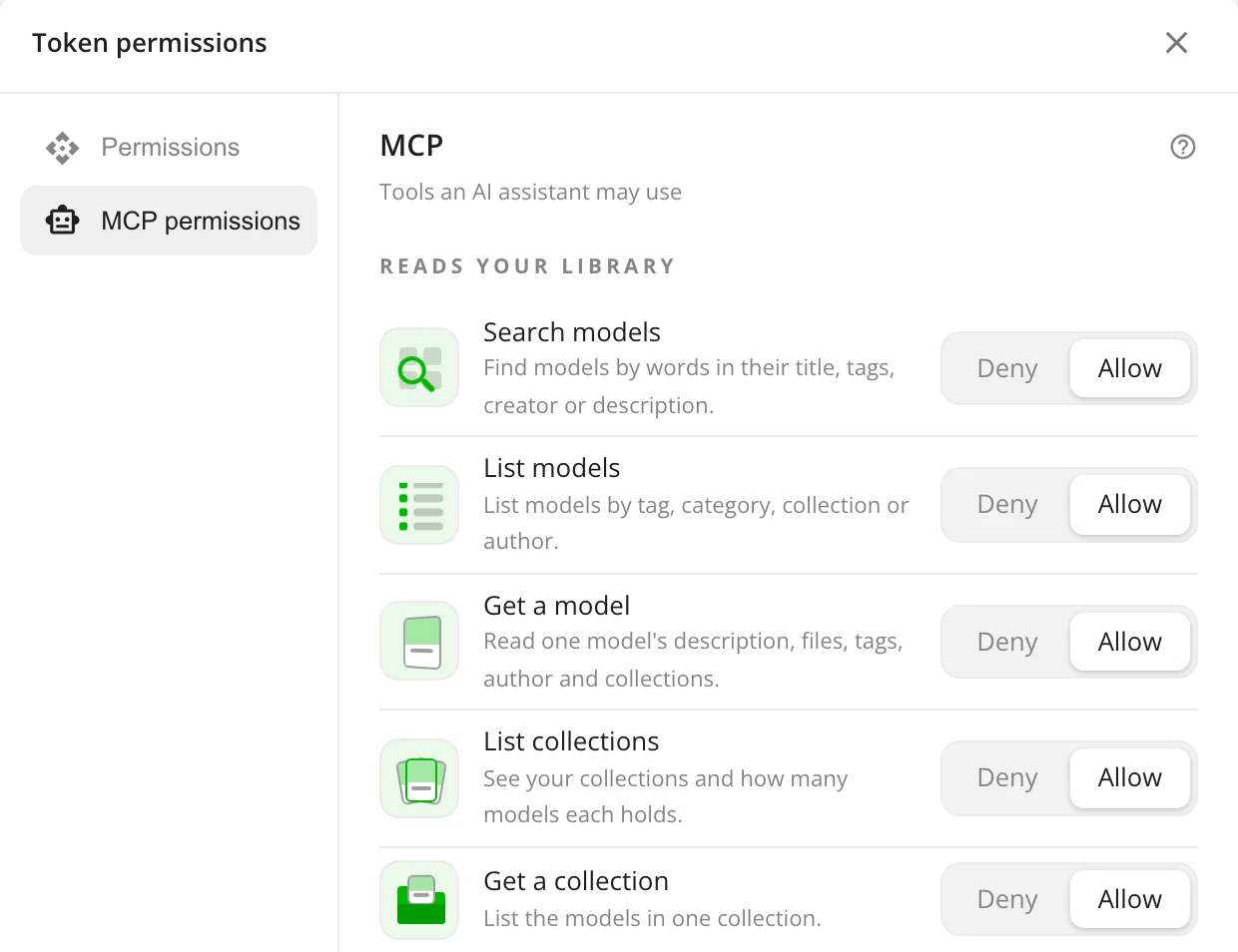 Token permissions, allowing or denying each MCP tool
