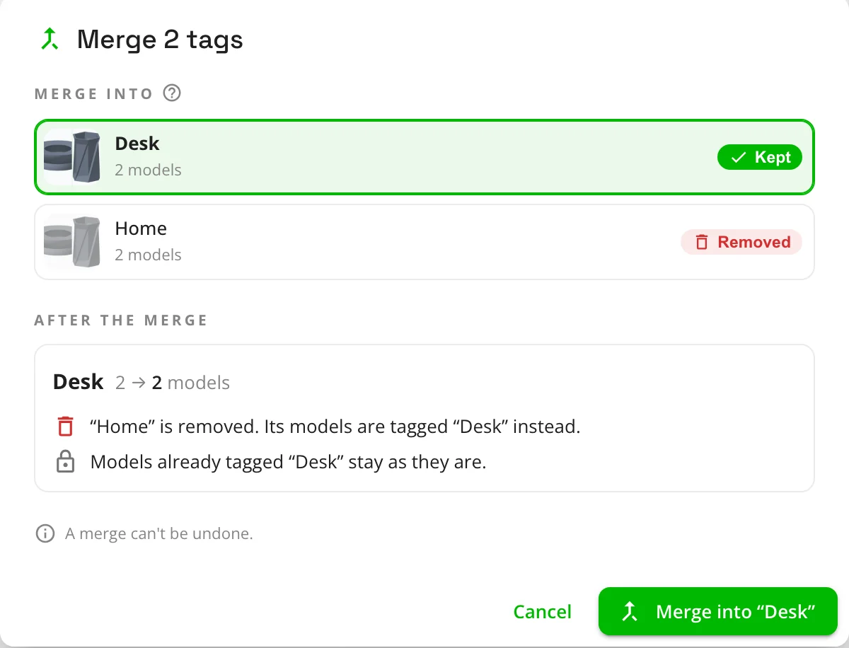 Merging two tags, with a preview of what changes