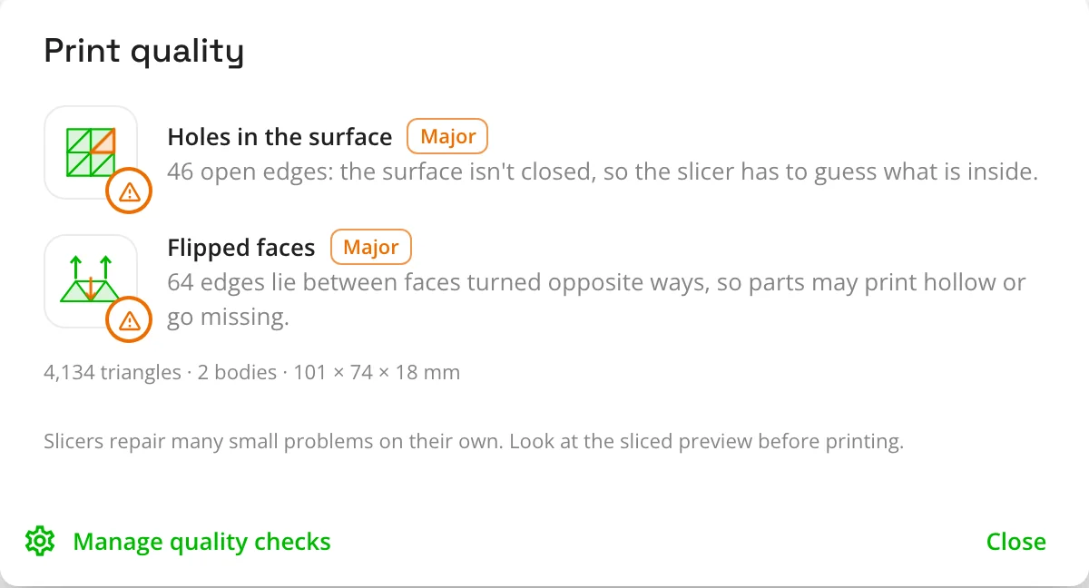The print quality report listing holes in the surface and flipped faces