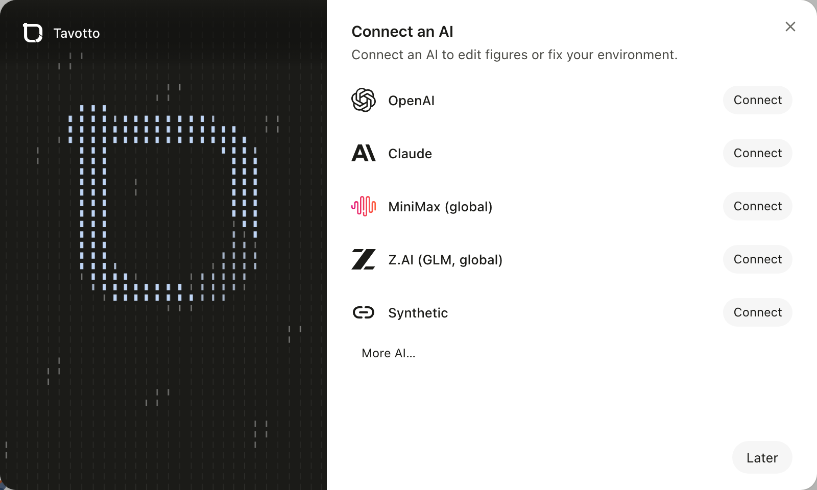 The Connect an AI dialog: DeepSeek, Kimi, Zhipu GLM, MiniMax and Alibaba Bailian, each with a Connect button, and More AI… below.