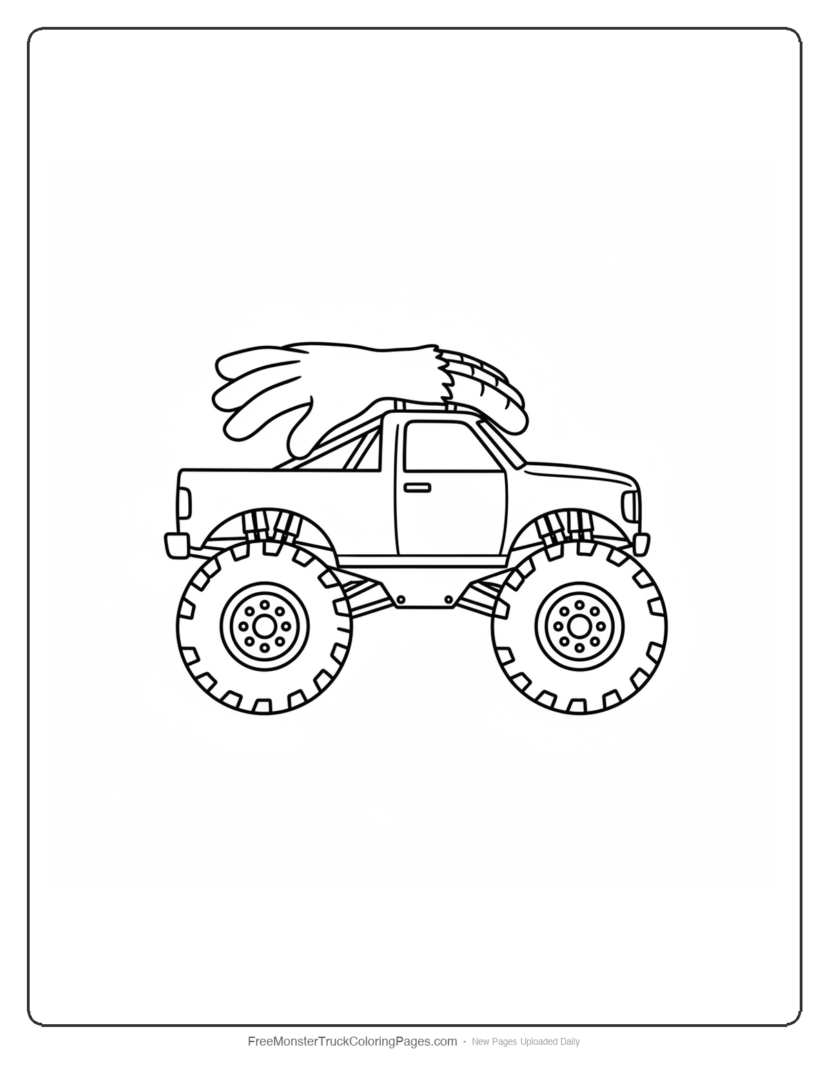 Black and white coloring page of a simple monster truck with a wide yeti hand shape as the rear spoiler with fingers spread out