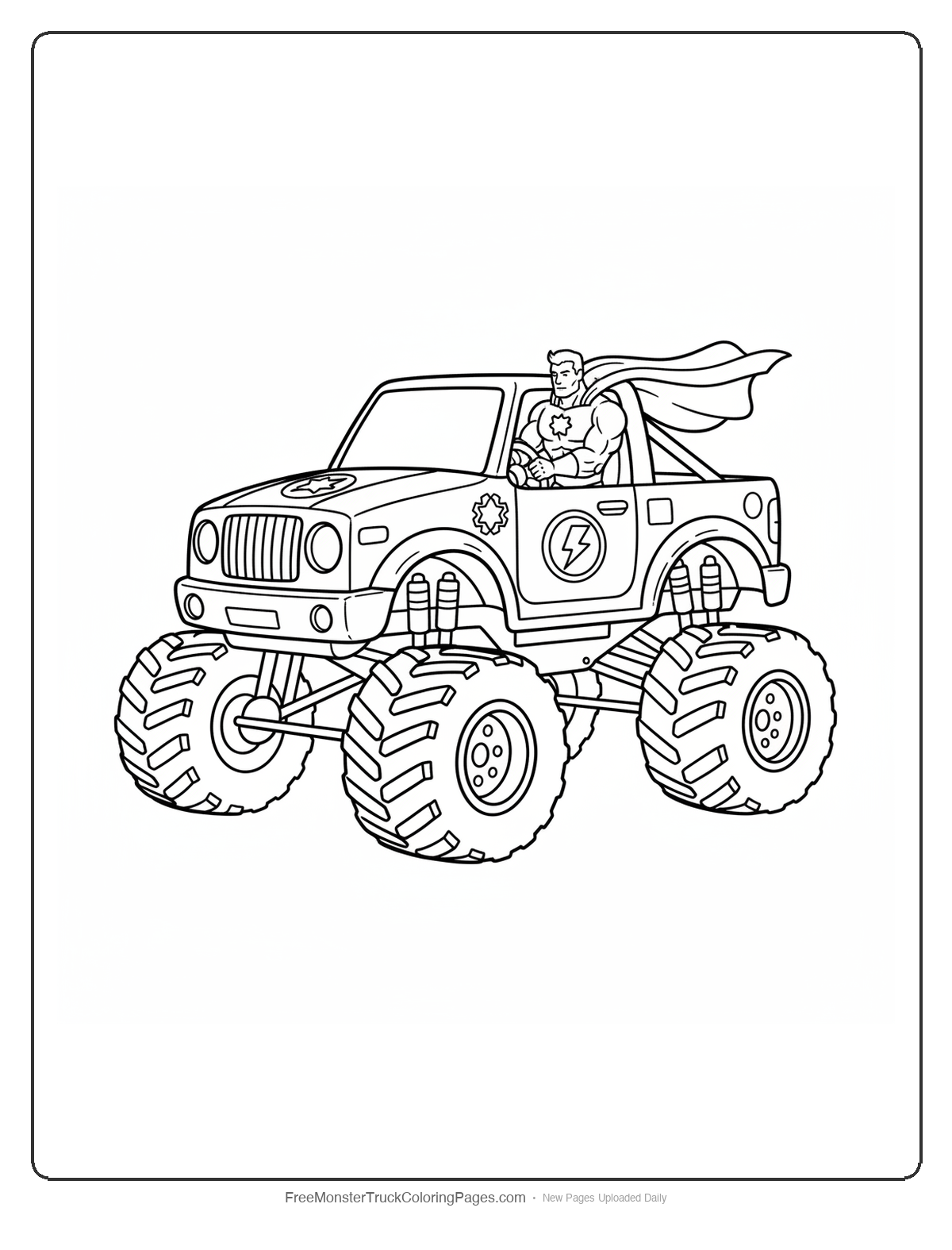 Monster truck coloring page with an action figure superhero character in the driver's seat