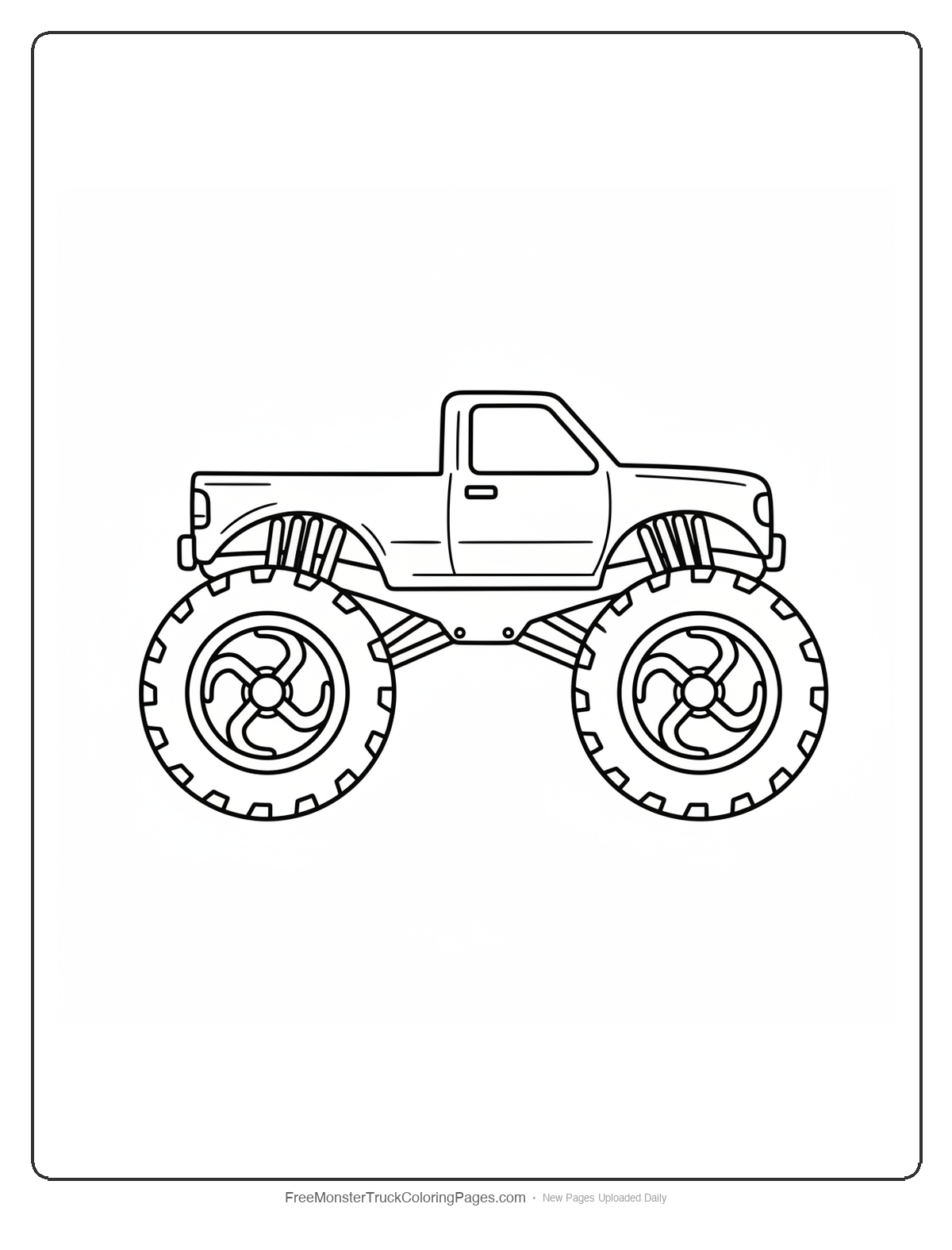 Black and white coloring page of a monster truck where each wheel has three alien finger claw shapes as spokes