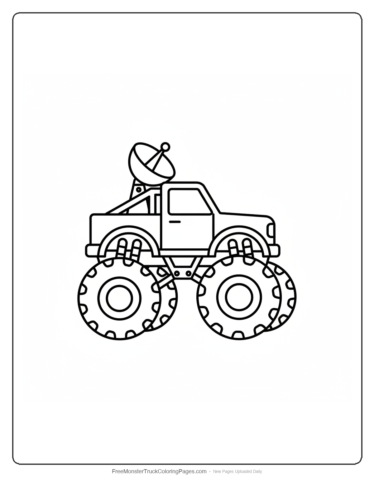 Black and white coloring page of a monster truck equipped with a large satellite dish and communication equipment for alien contact