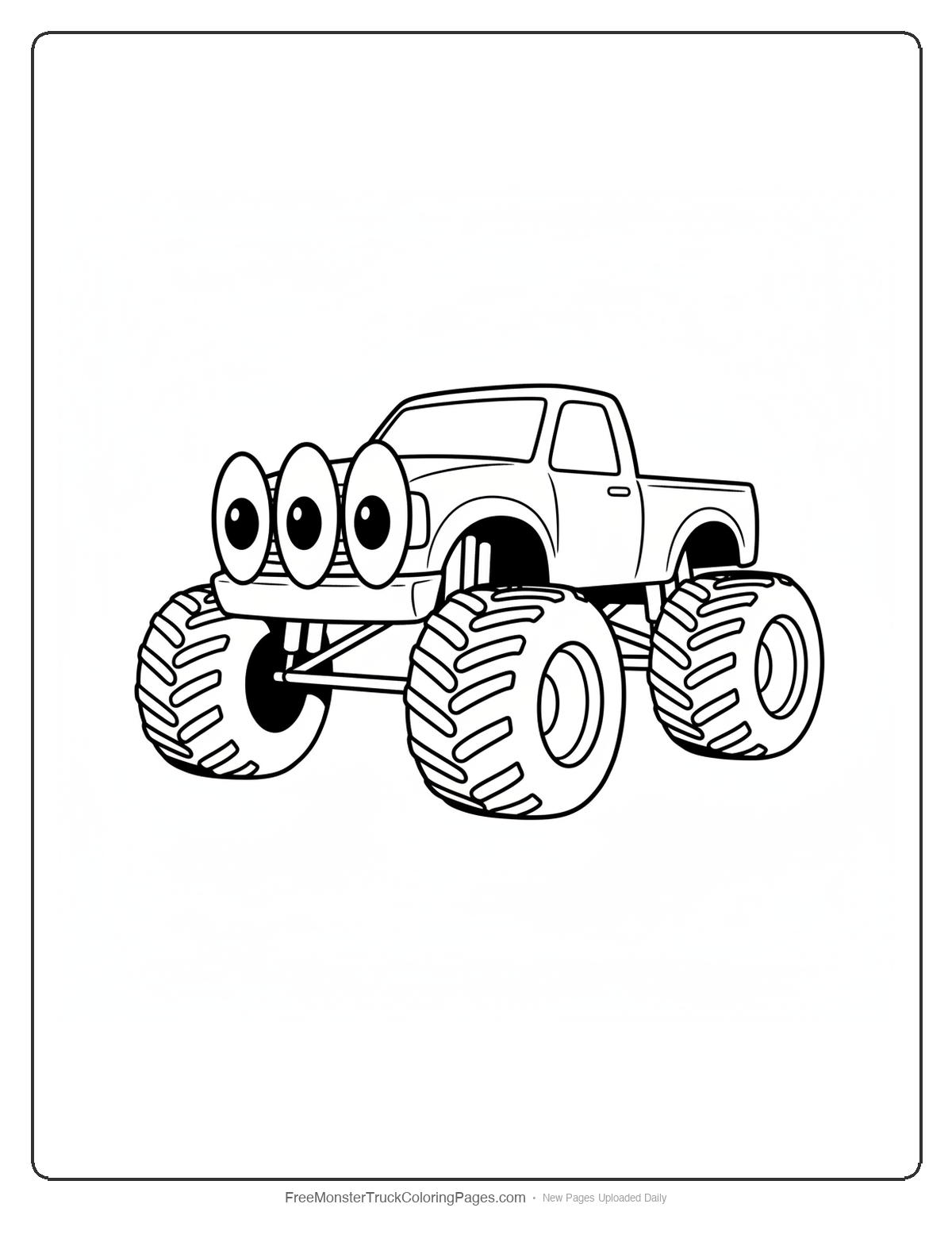 Black and white coloring page of a monster truck with three large oval alien eye shapes as headlights across the front