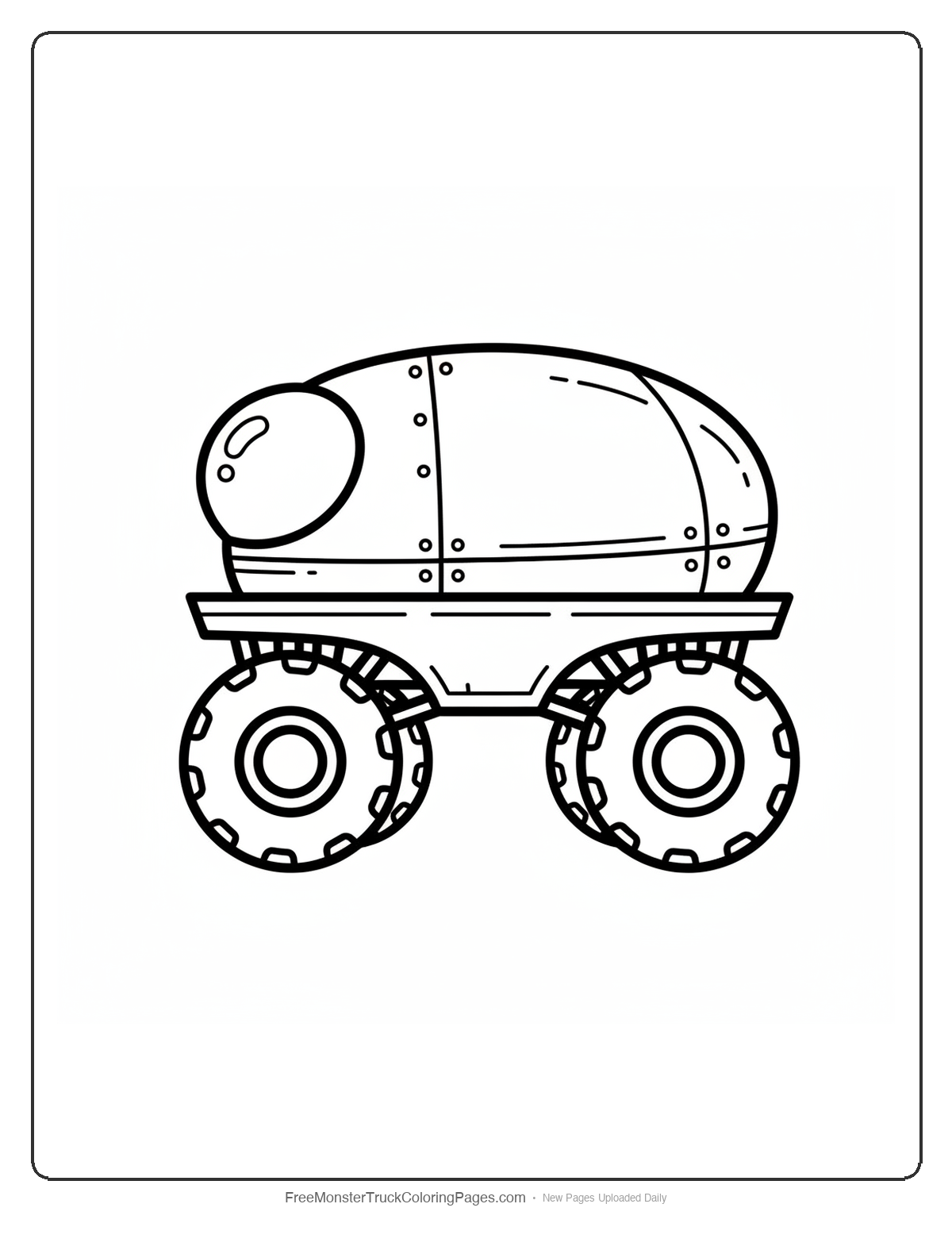 Black and white coloring page of a monster truck with the cab shaped like an oval alien escape pod with a bubble windshield