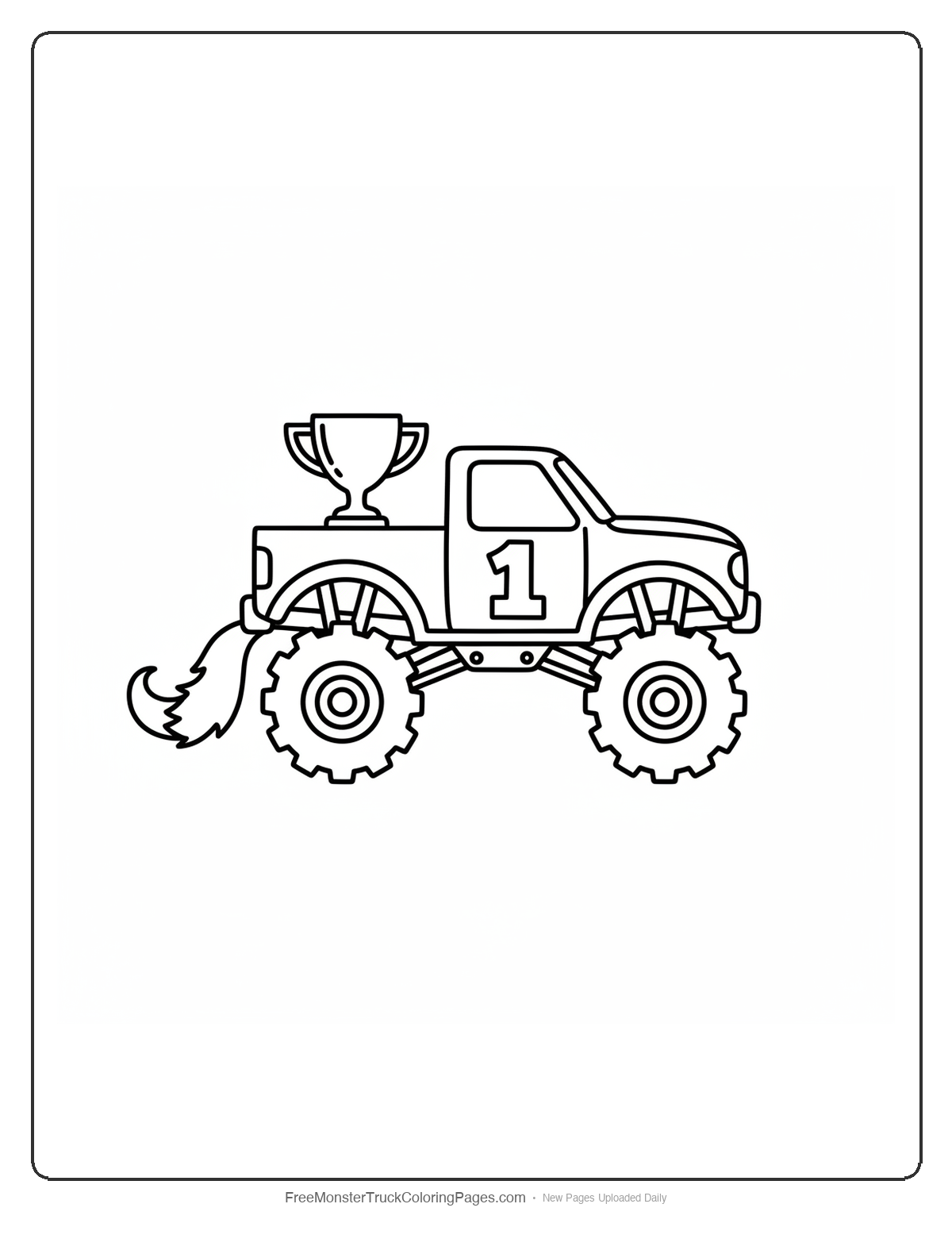 Black and white coloring page of a simple monster truck with number 1, wolf tail, and trophy in the bed