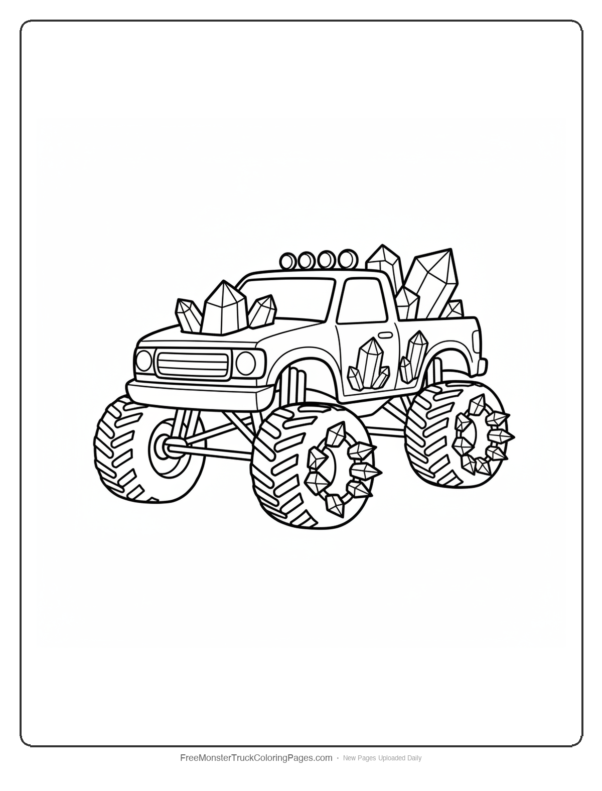 Monster truck coloring page decorated with amethyst crystal formations and moderate detailing