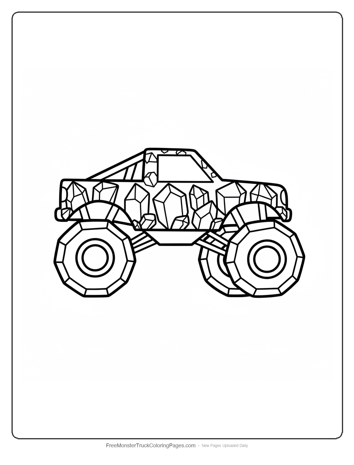 Black and white coloring page of a simple monster truck made from large amethyst crystal shapes