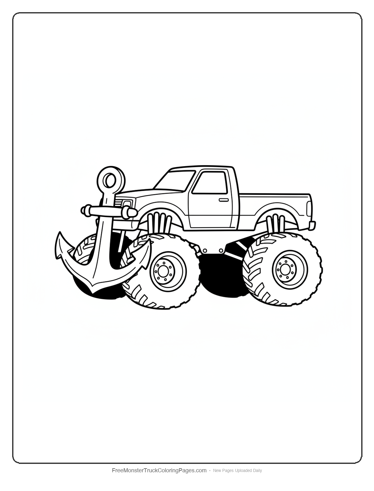 Black and white coloring page of a monster truck with a large ship anchor shape as the front bumper battering ram